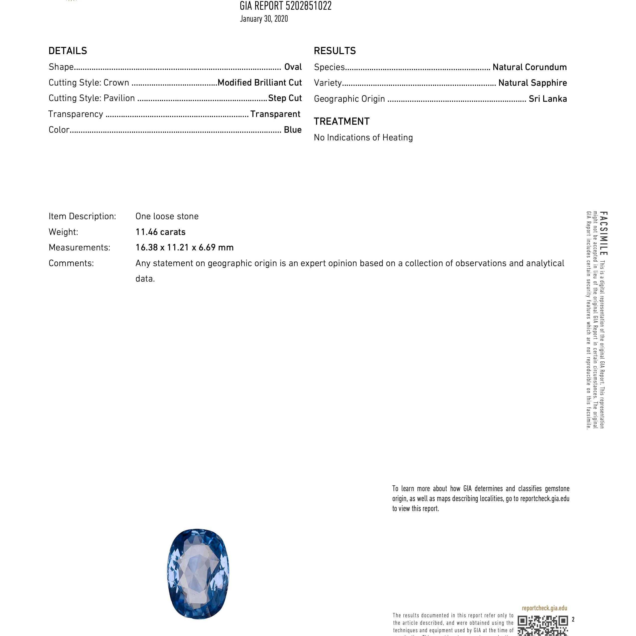 GIA Certified 11.46 Carat No Heat Ceylon Sapphire Art Deco Ring