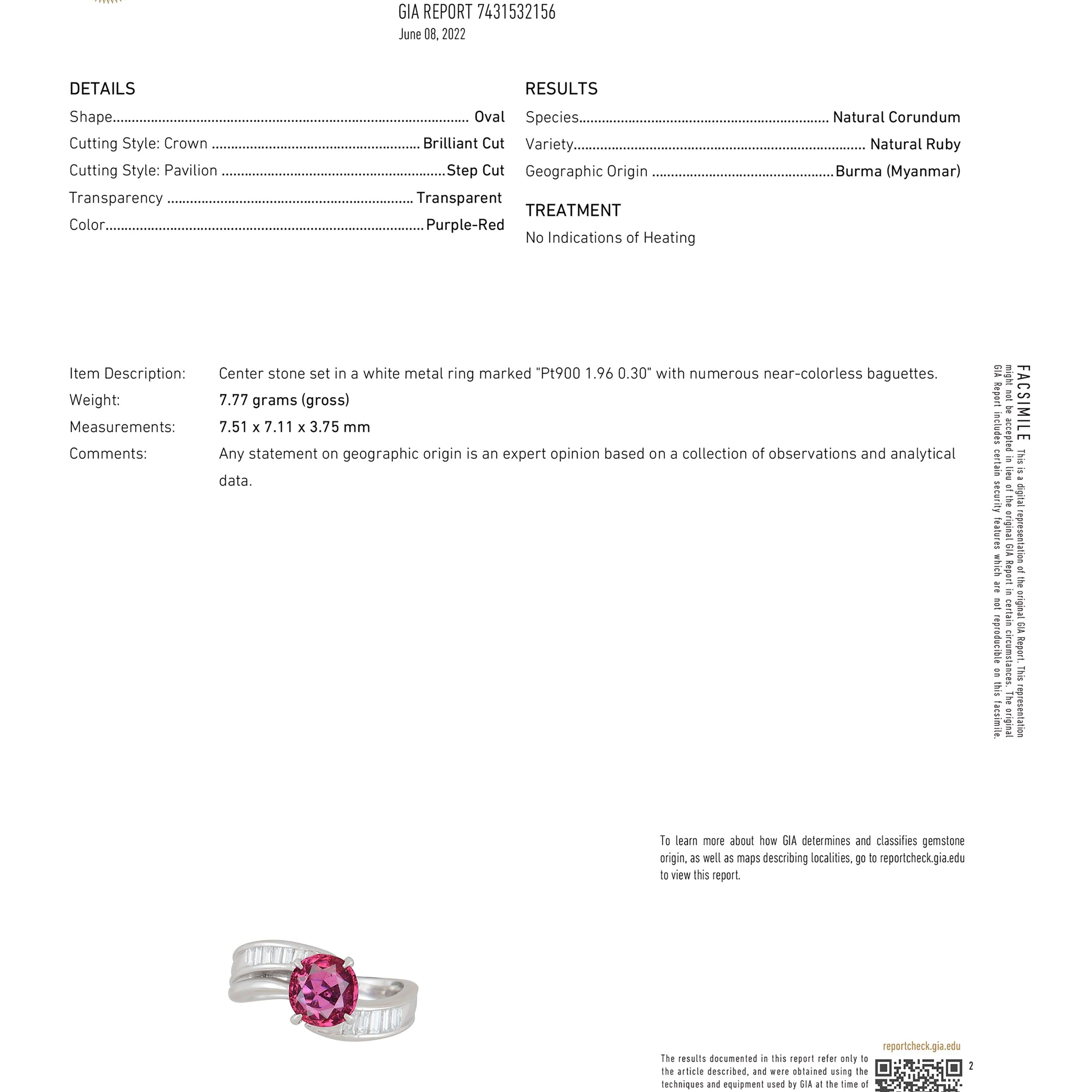 GIA Certified 2 Carat No Heat Burma Ruby Art Deco Ring