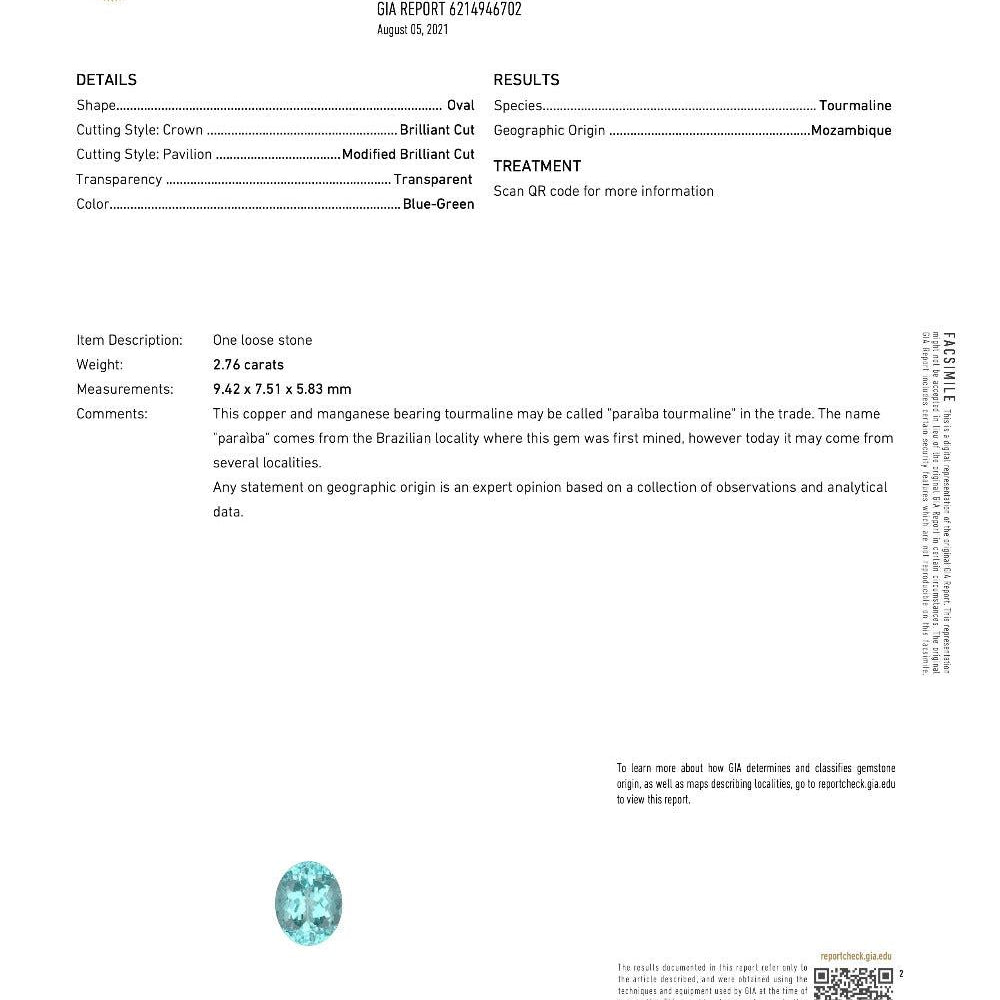 GIA Certified 2.76 Carat Paraiba Tourmaline Engagement Ring