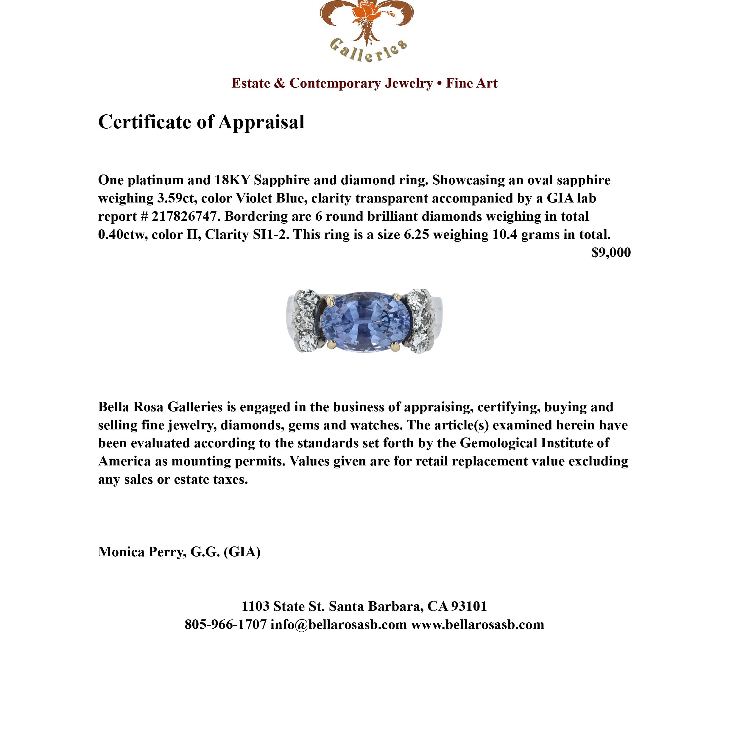 GIA Certified 3.59 No Heat Sapphire Engagement Ring