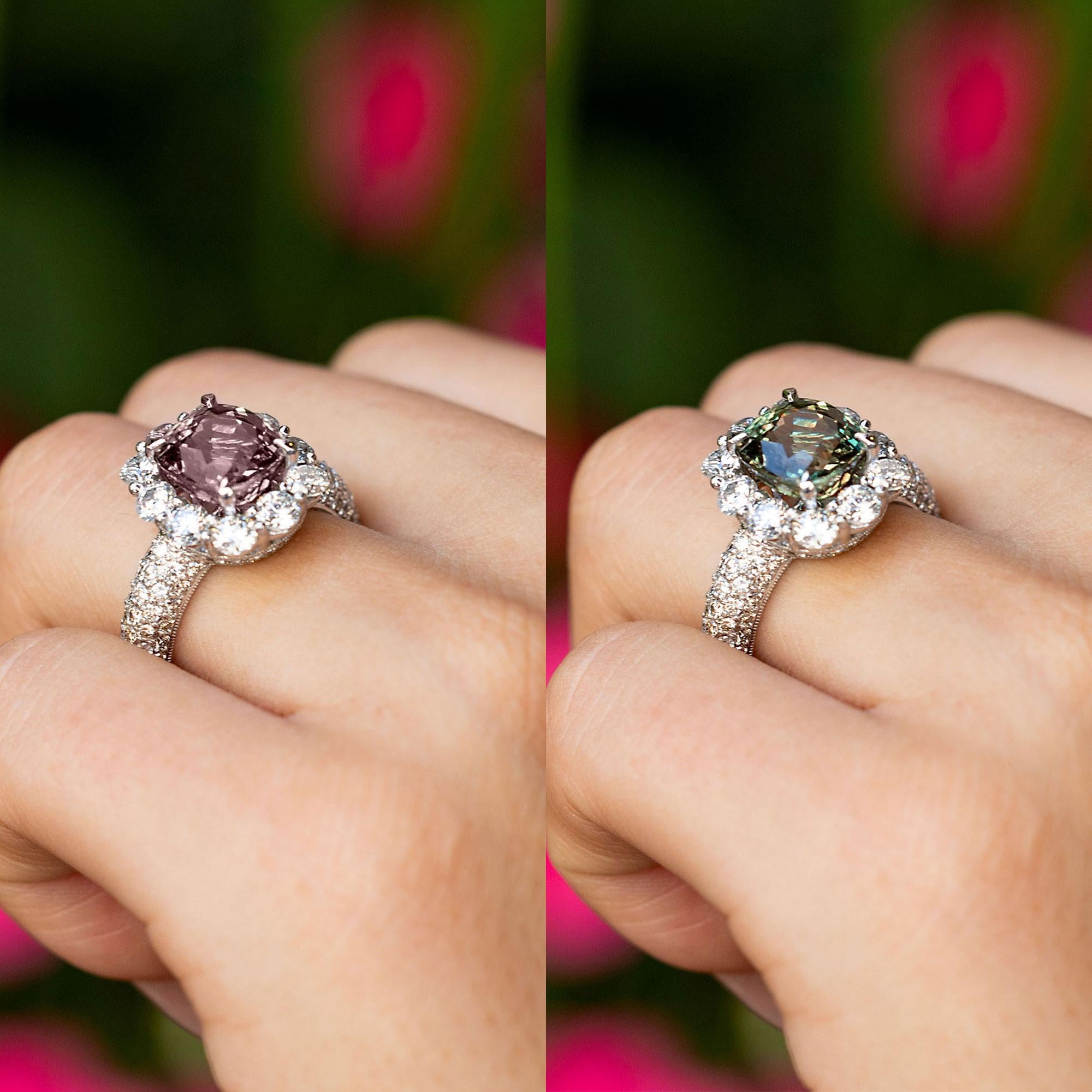 GIA Certified 4 carat Color Change Alexandrite & Diamond Cocktail Ring