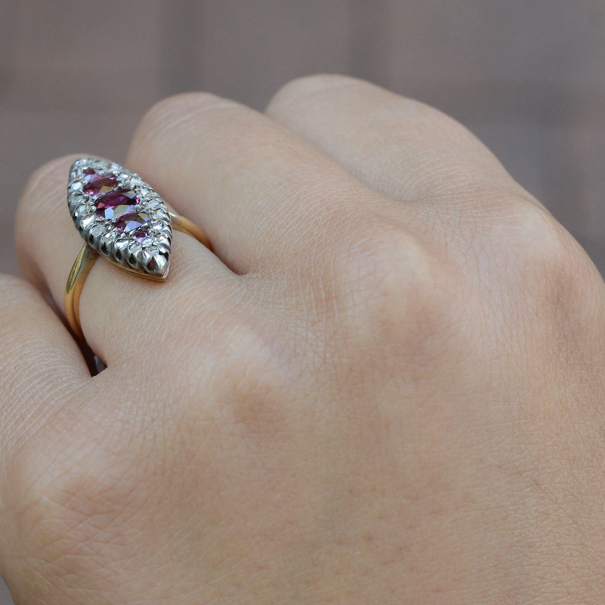 GIA Certified Antique Victorian Ruby & Diamond Navette Ring