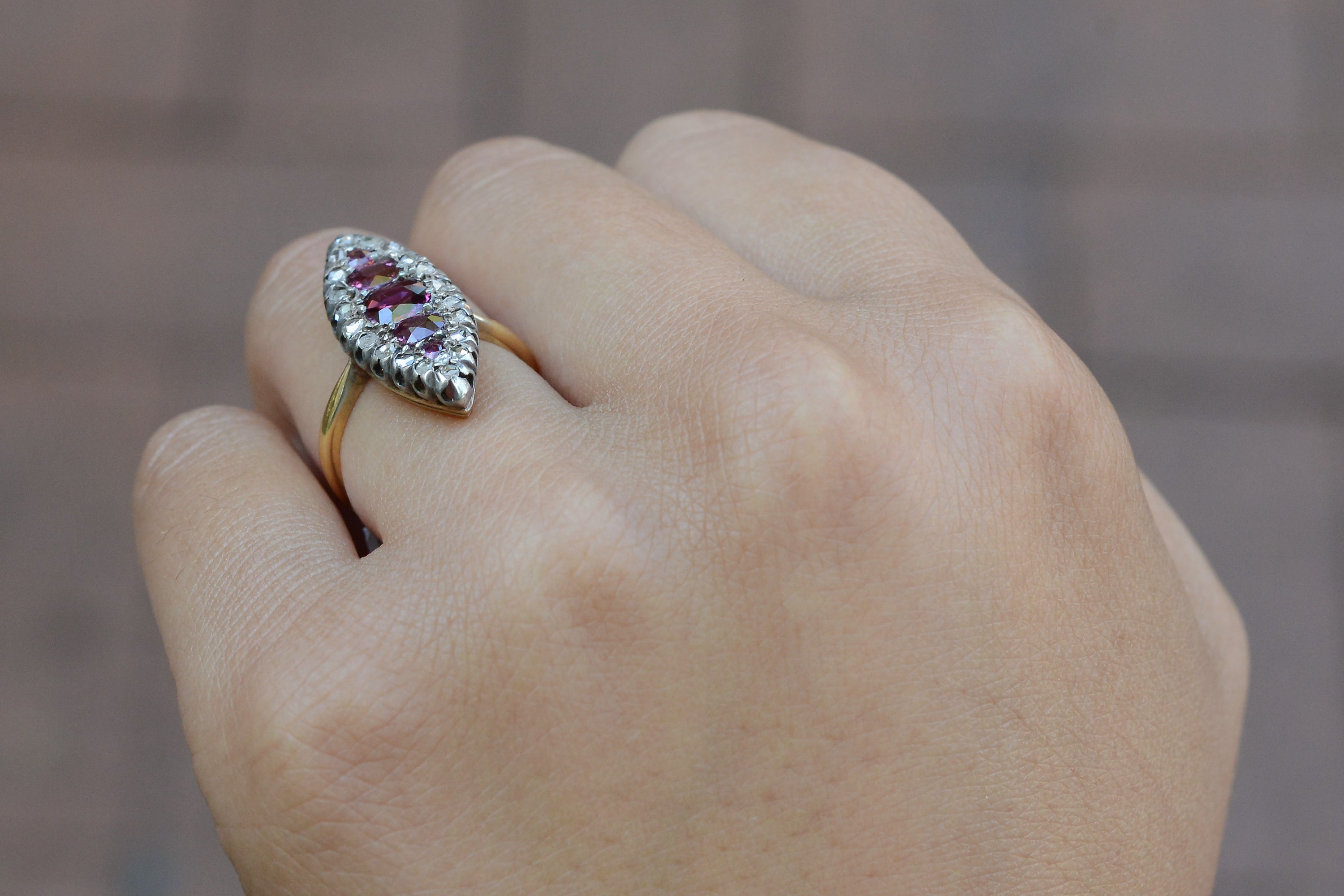 GIA Certified Antique Victorian Ruby & Diamond Navette Ring