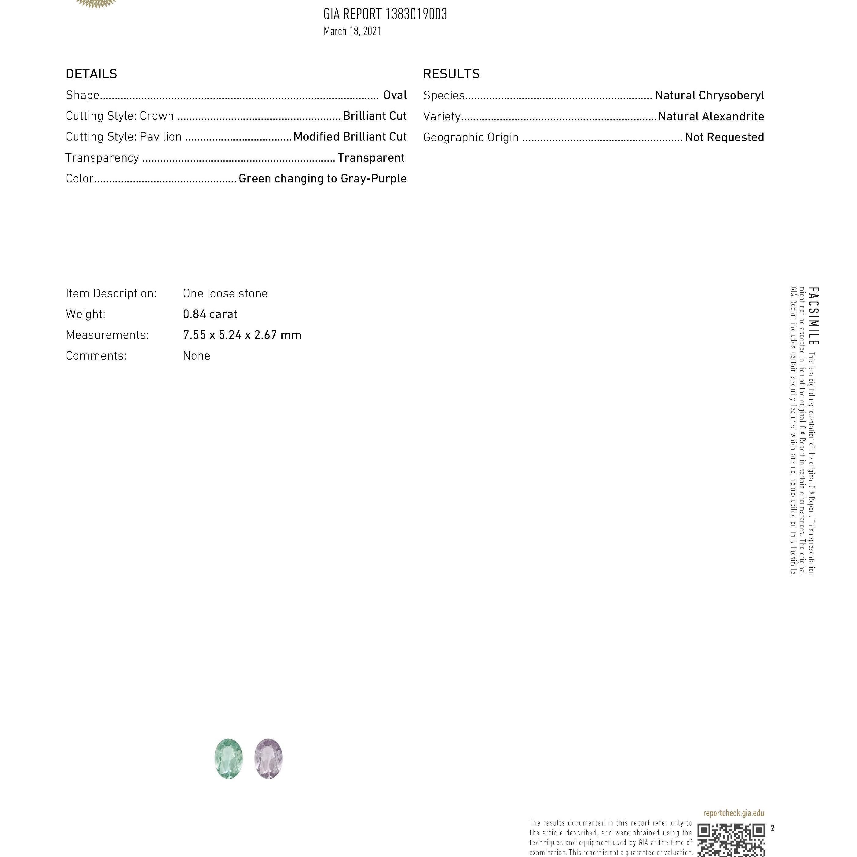 GIA Certified 0.84 Carat Alexandrite and 0.80ctw Diamond Ring