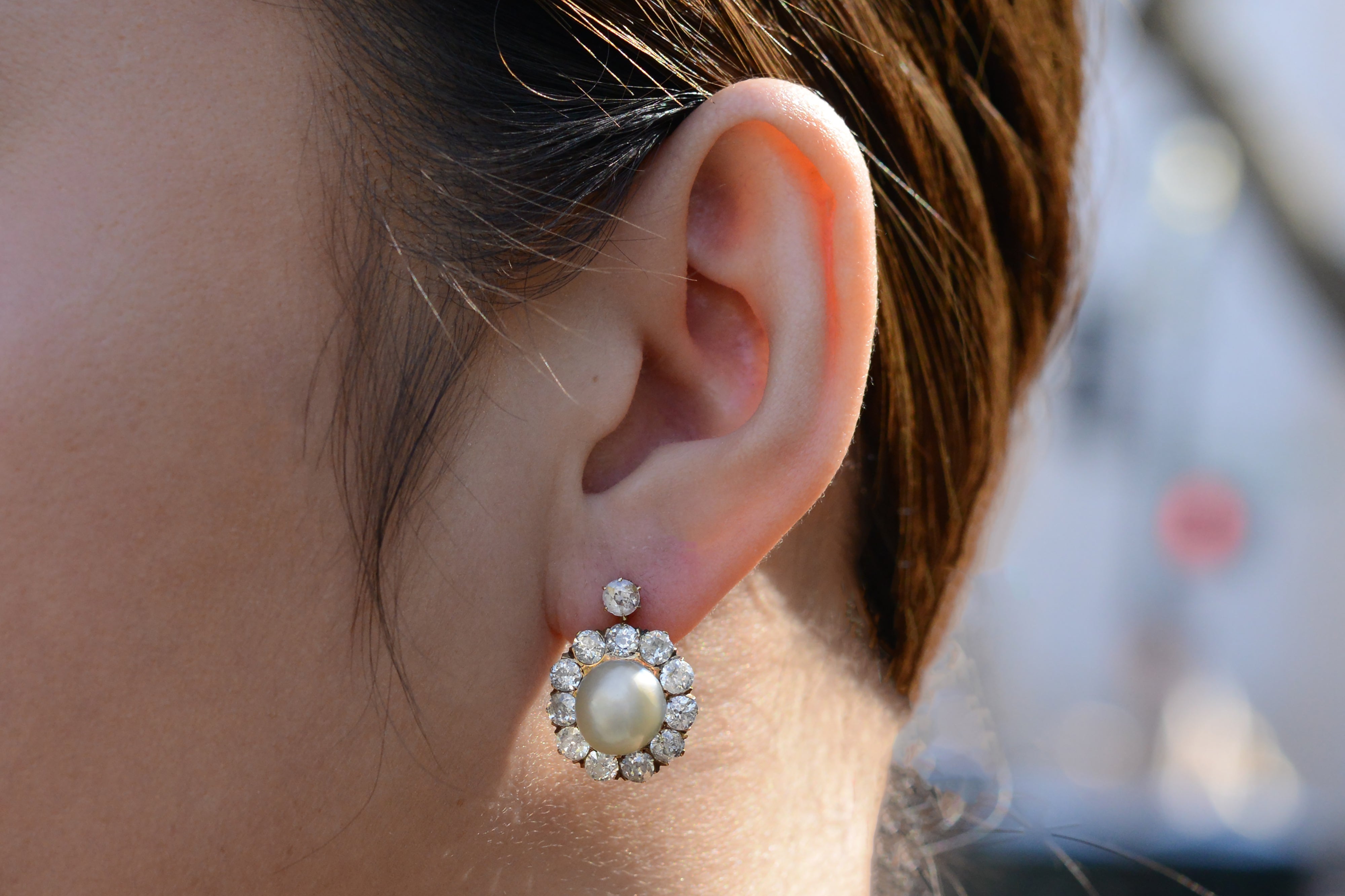 GIA Certified Natural Pearl Victorian Antique Diamond Earrings