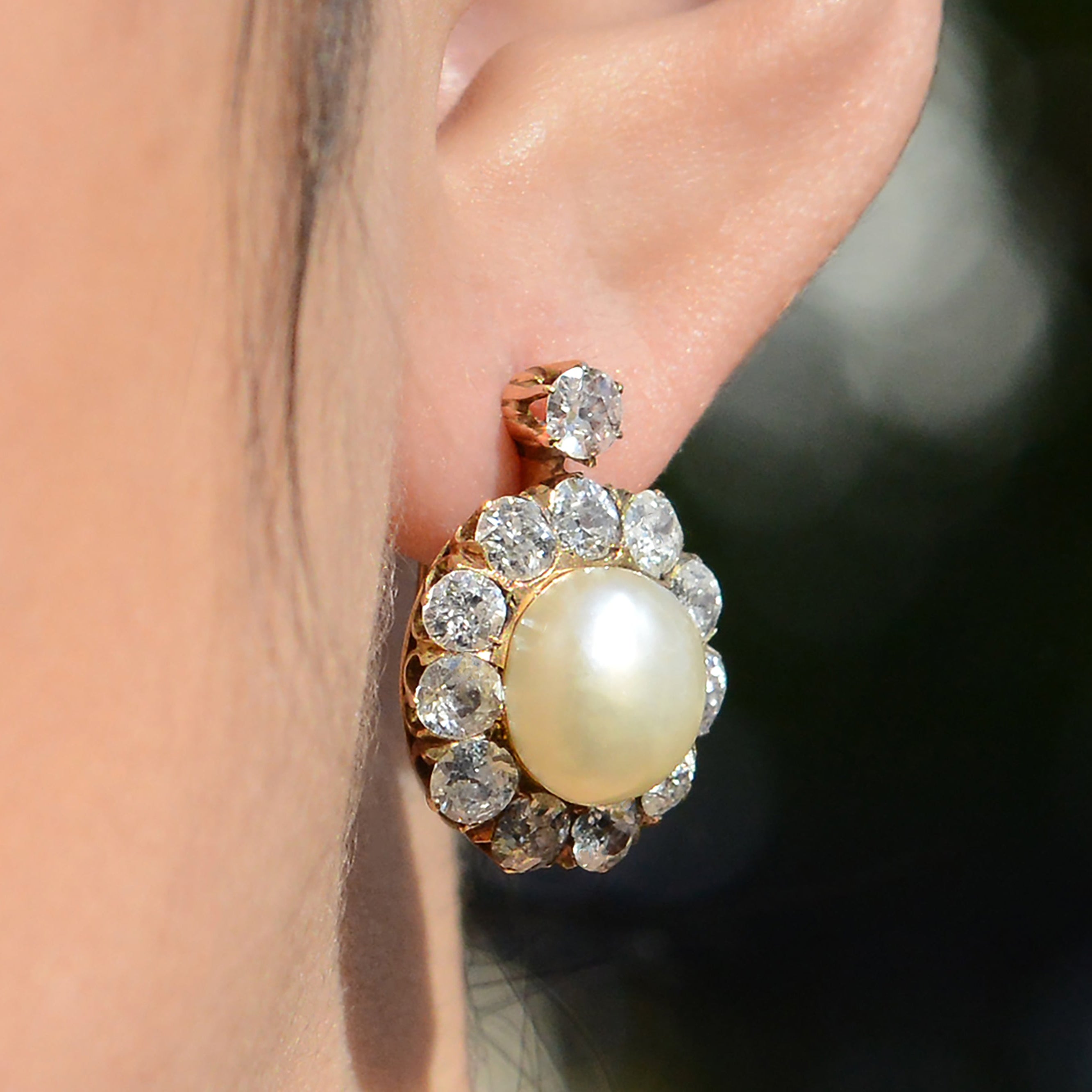 GIA Certified Natural Pearl Victorian Antique Diamond Earrings