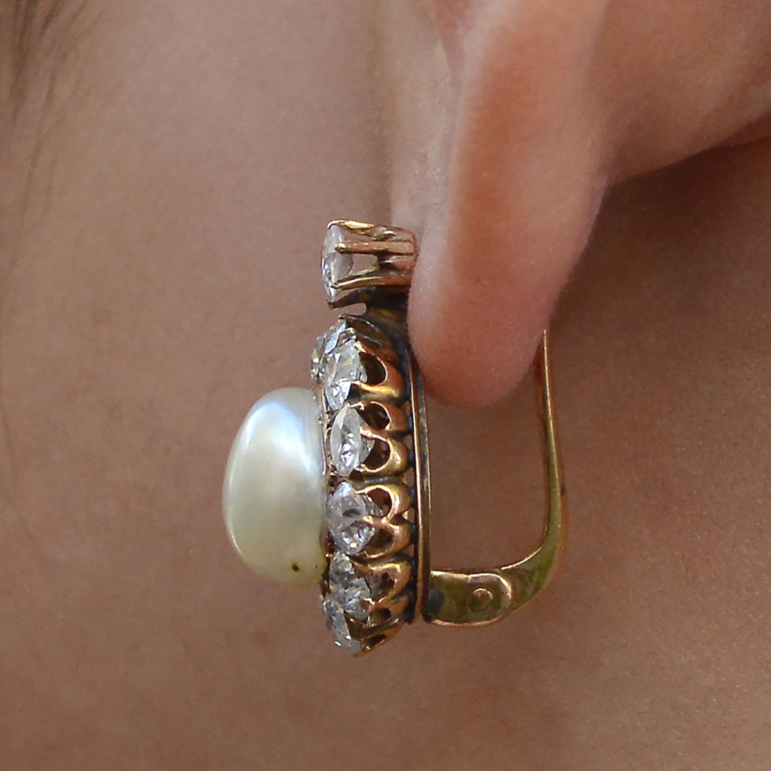 GIA Certified Natural Pearl Victorian Antique Diamond Earrings