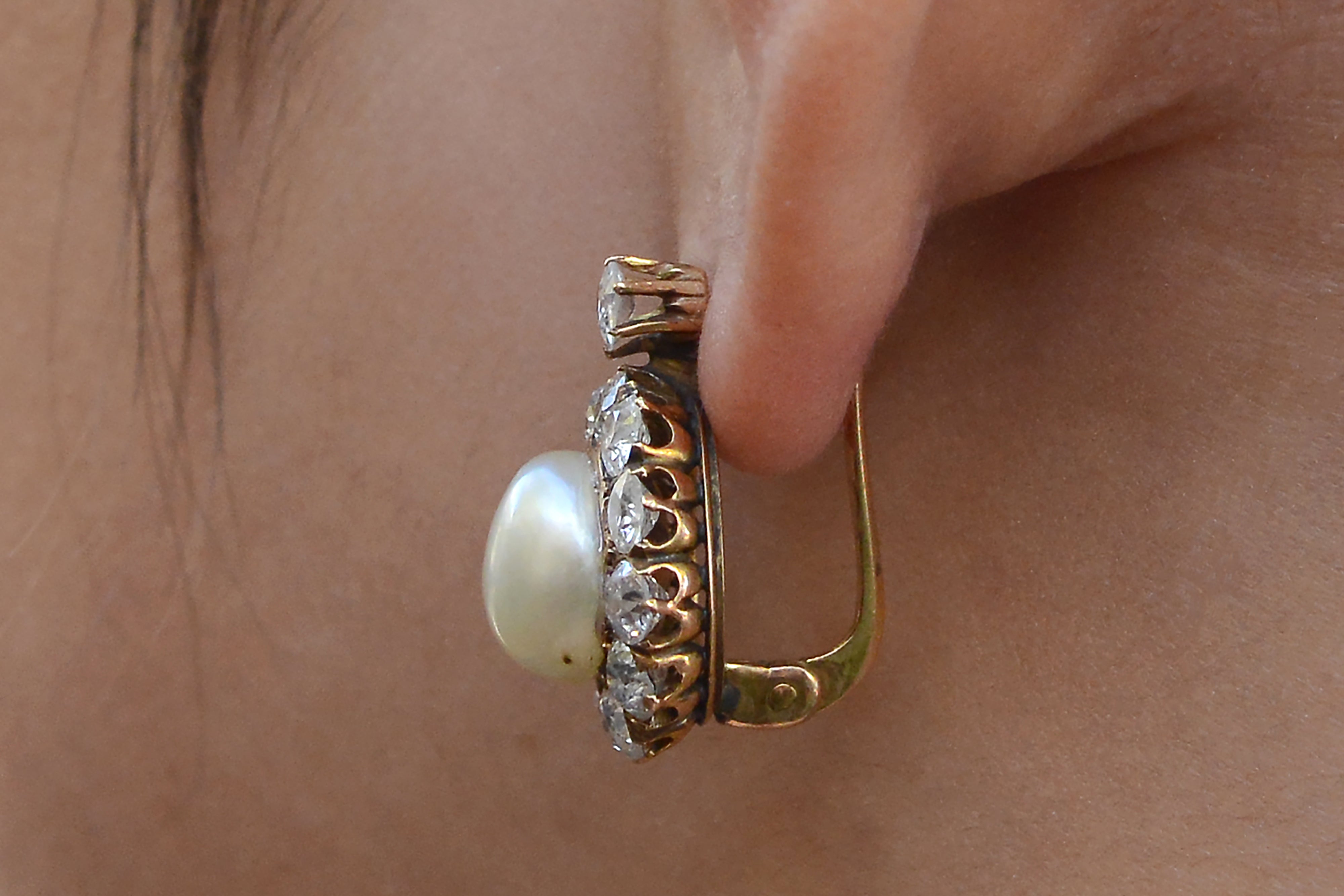 GIA Certified Natural Pearl Victorian Antique Diamond Earrings