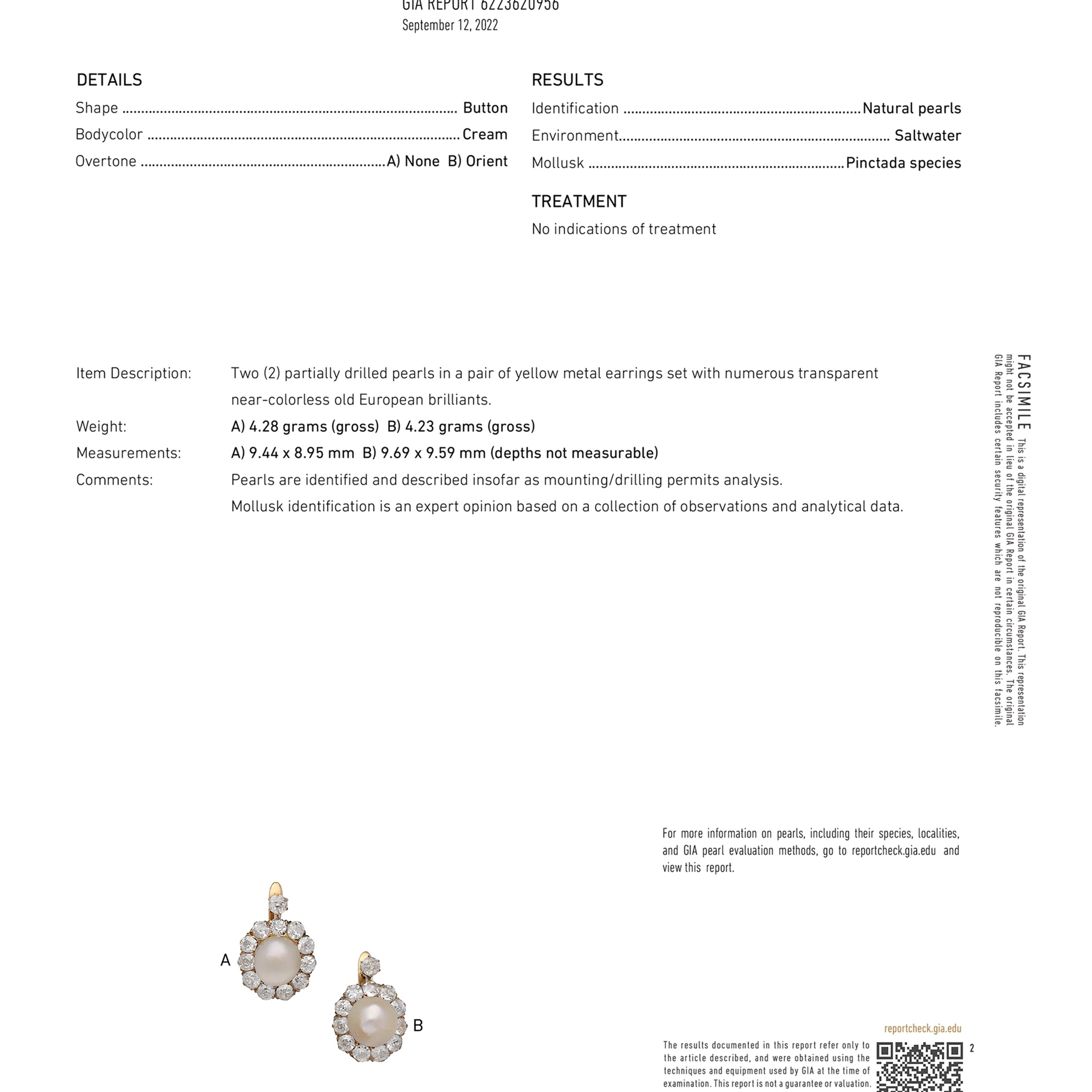 GIA Certified Natural Pearl Victorian Antique Diamond Earrings