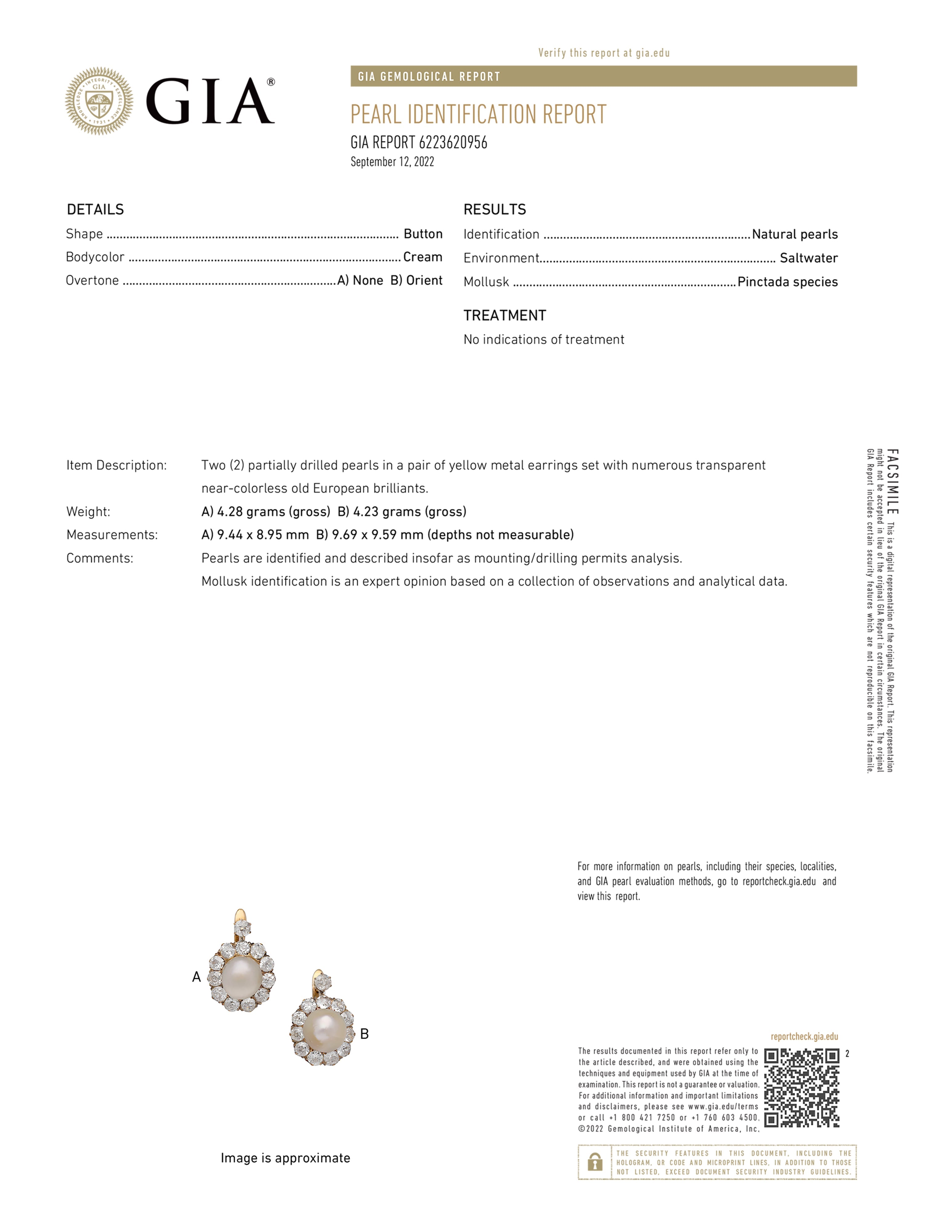 GIA Certified Natural Pearl Victorian Antique Diamond Earrings