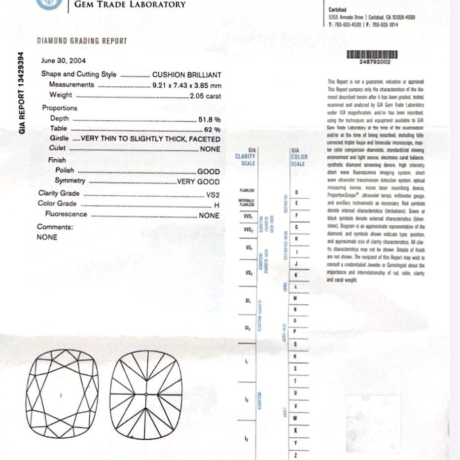 GIA Certified Shreve & Co 2 Ct Cushion Diamond Engagement Ring