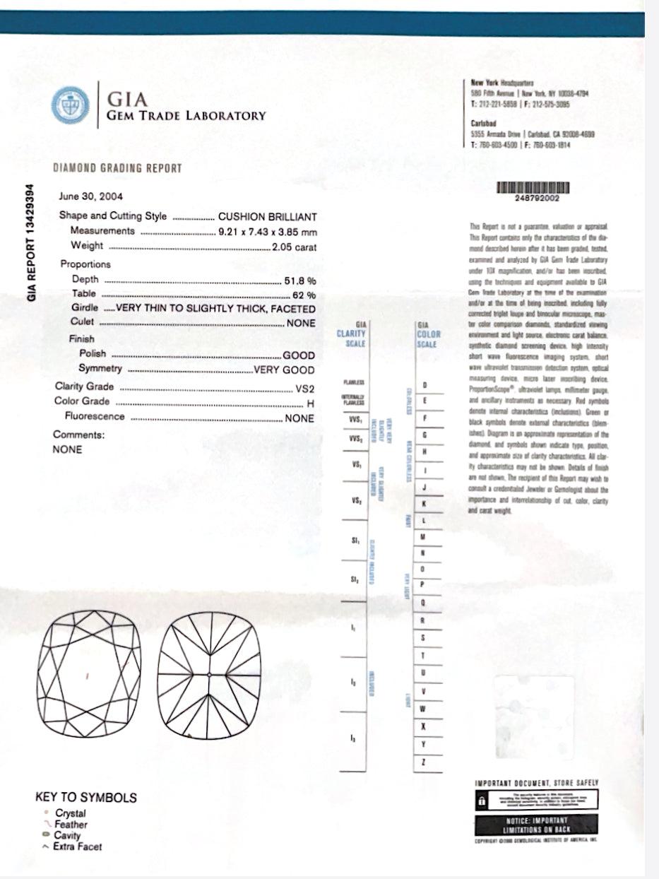 GIA Certified Shreve & Co 2 Ct Cushion Diamond Engagement Ring