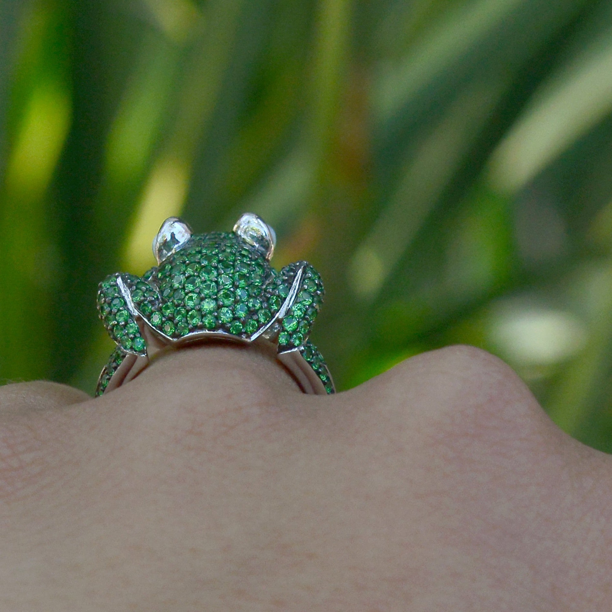 Gleaming Green Tsavorite and Cat's Eye Frog Ring