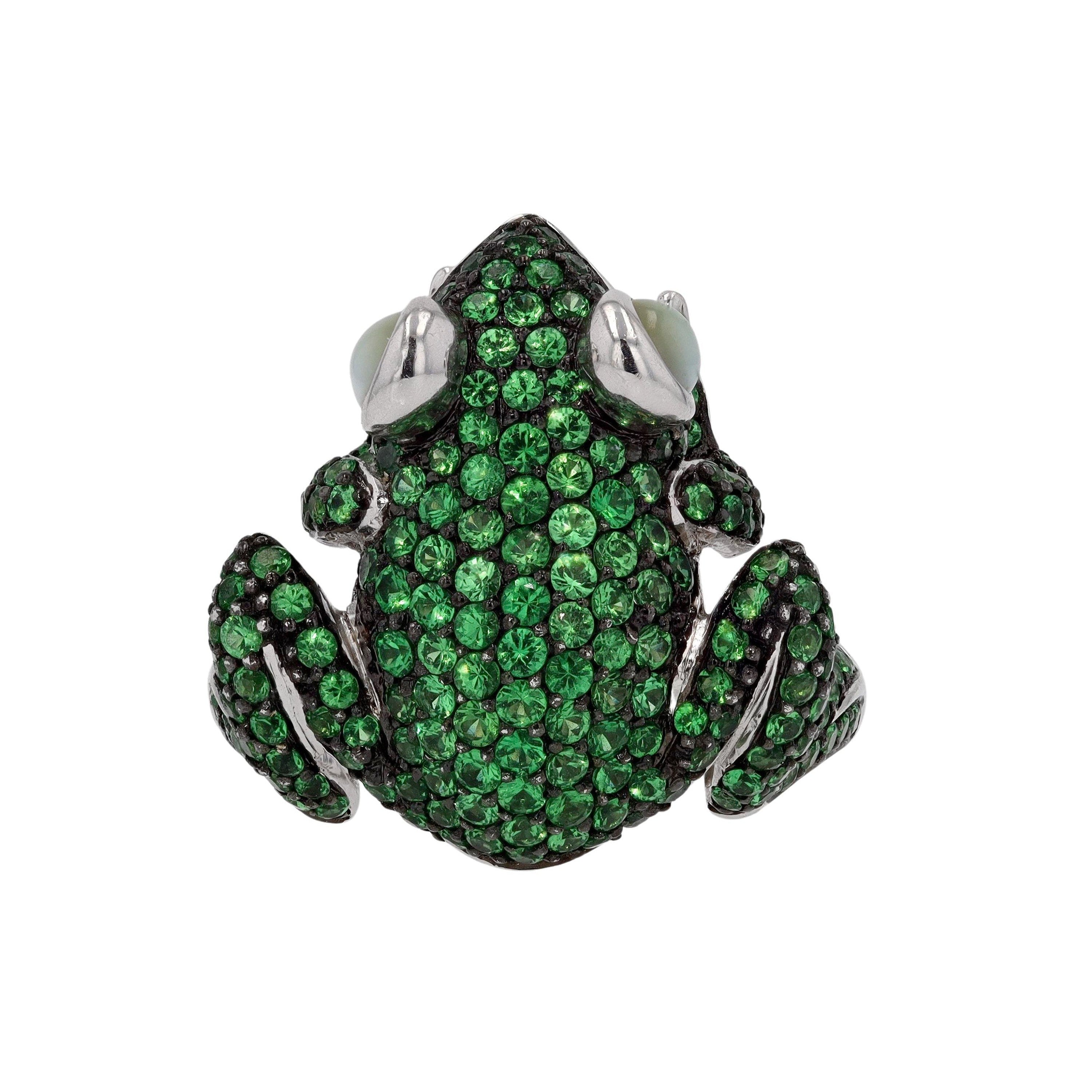 Gleaming Green Tsavorite and Cat's Eye Frog Ring