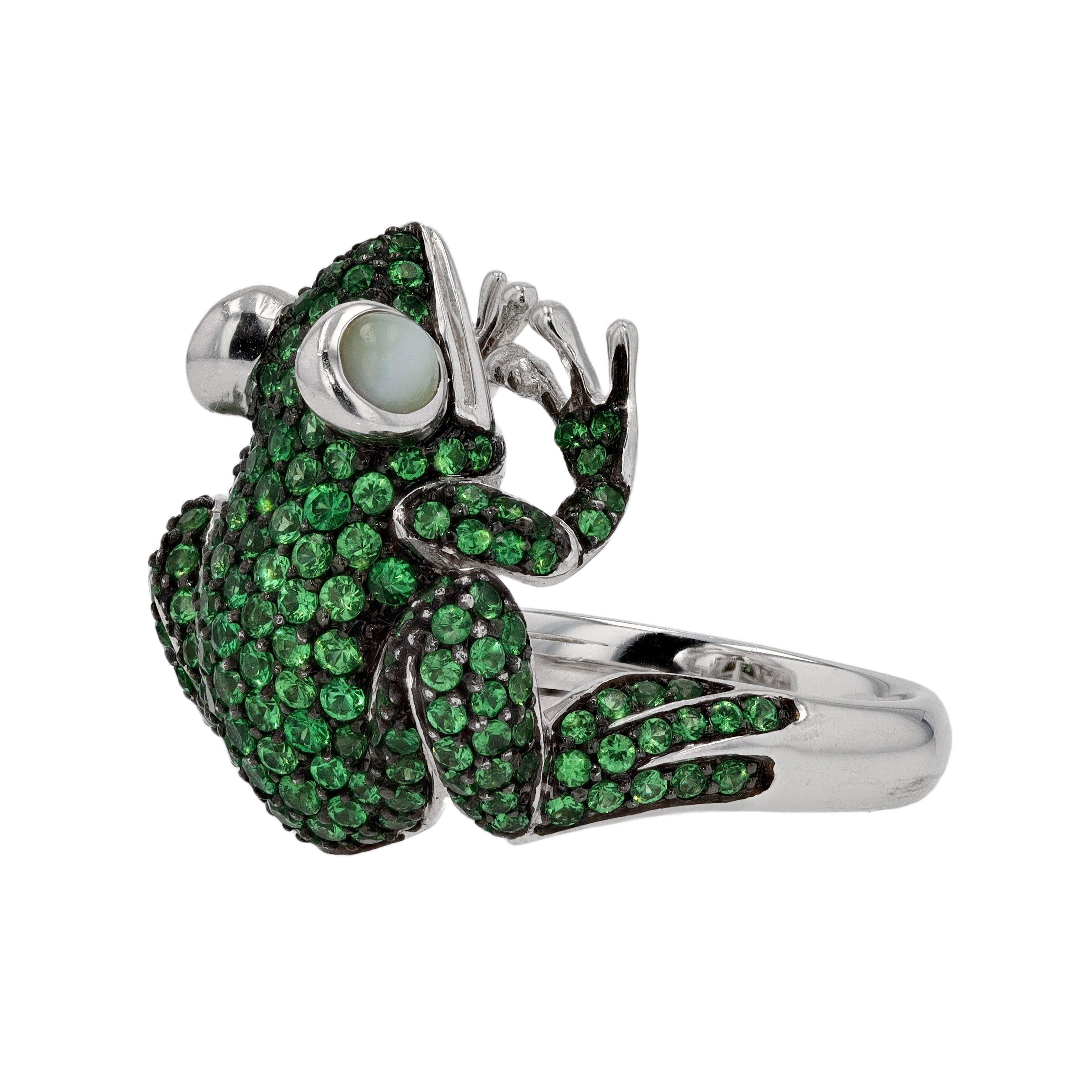 Gleaming Green Tsavorite and Cat's Eye Frog Ring