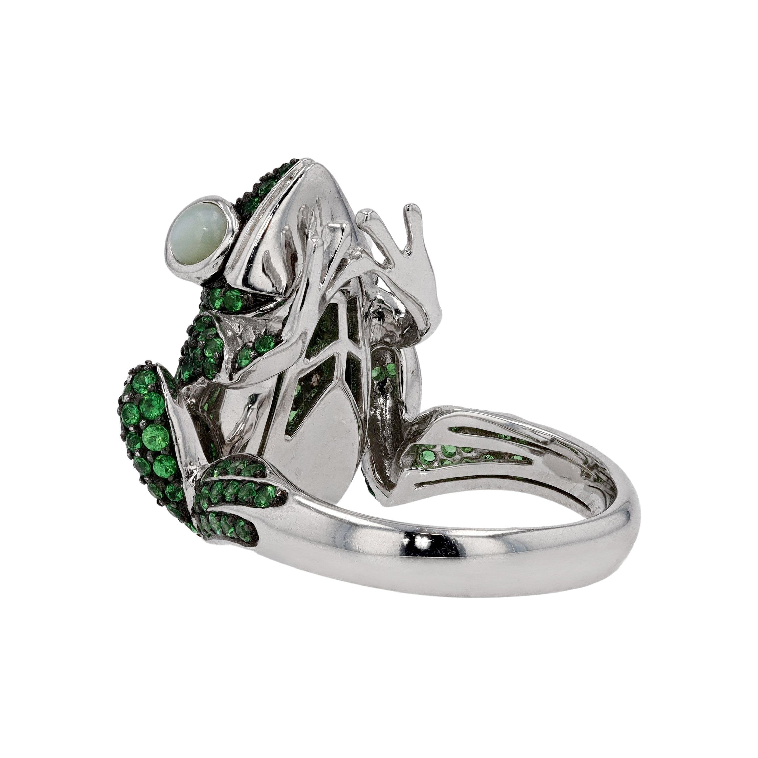 Gleaming Green Tsavorite and Cat's Eye Frog Ring