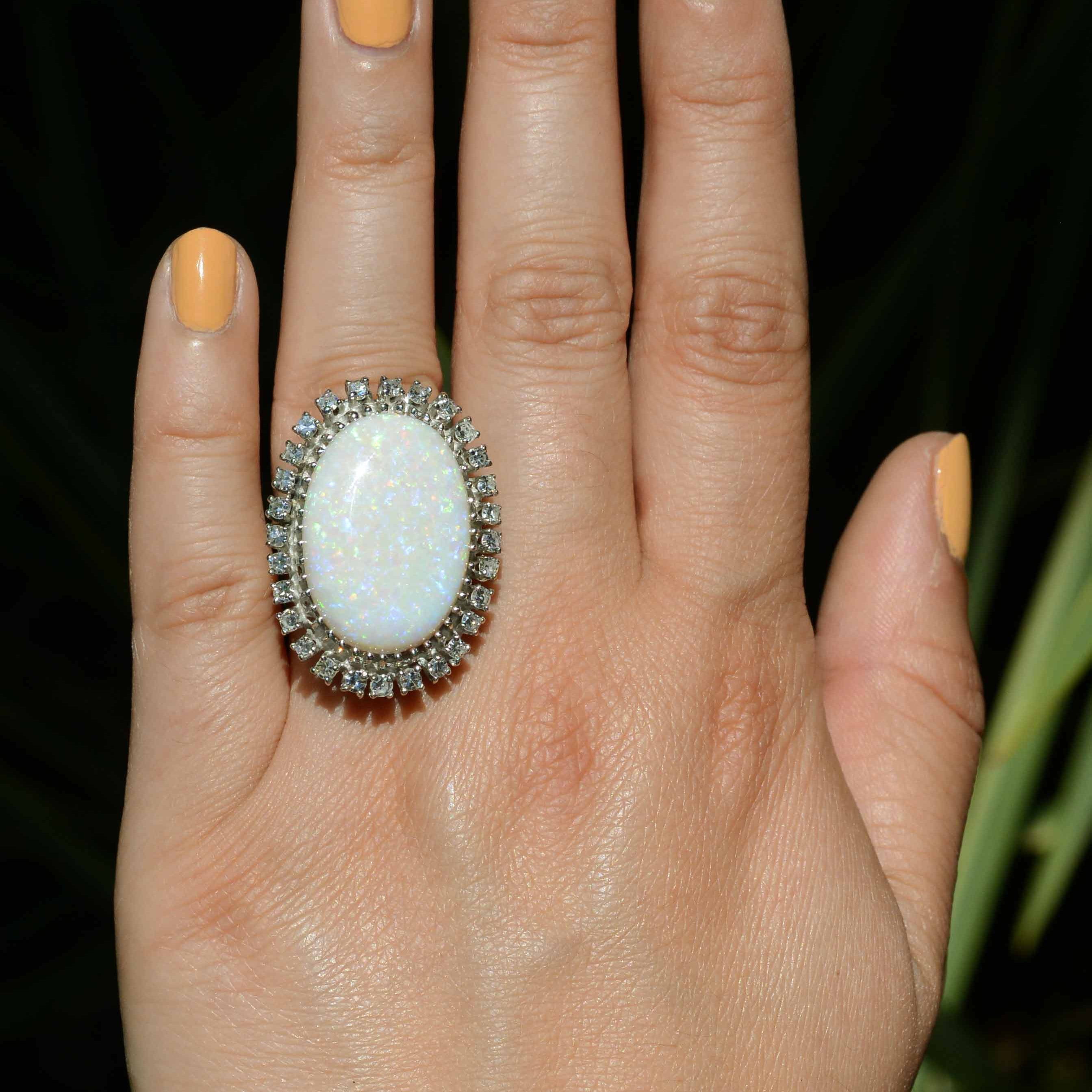 Huge Vintage Opal Diamond White Gold Cocktail Ring