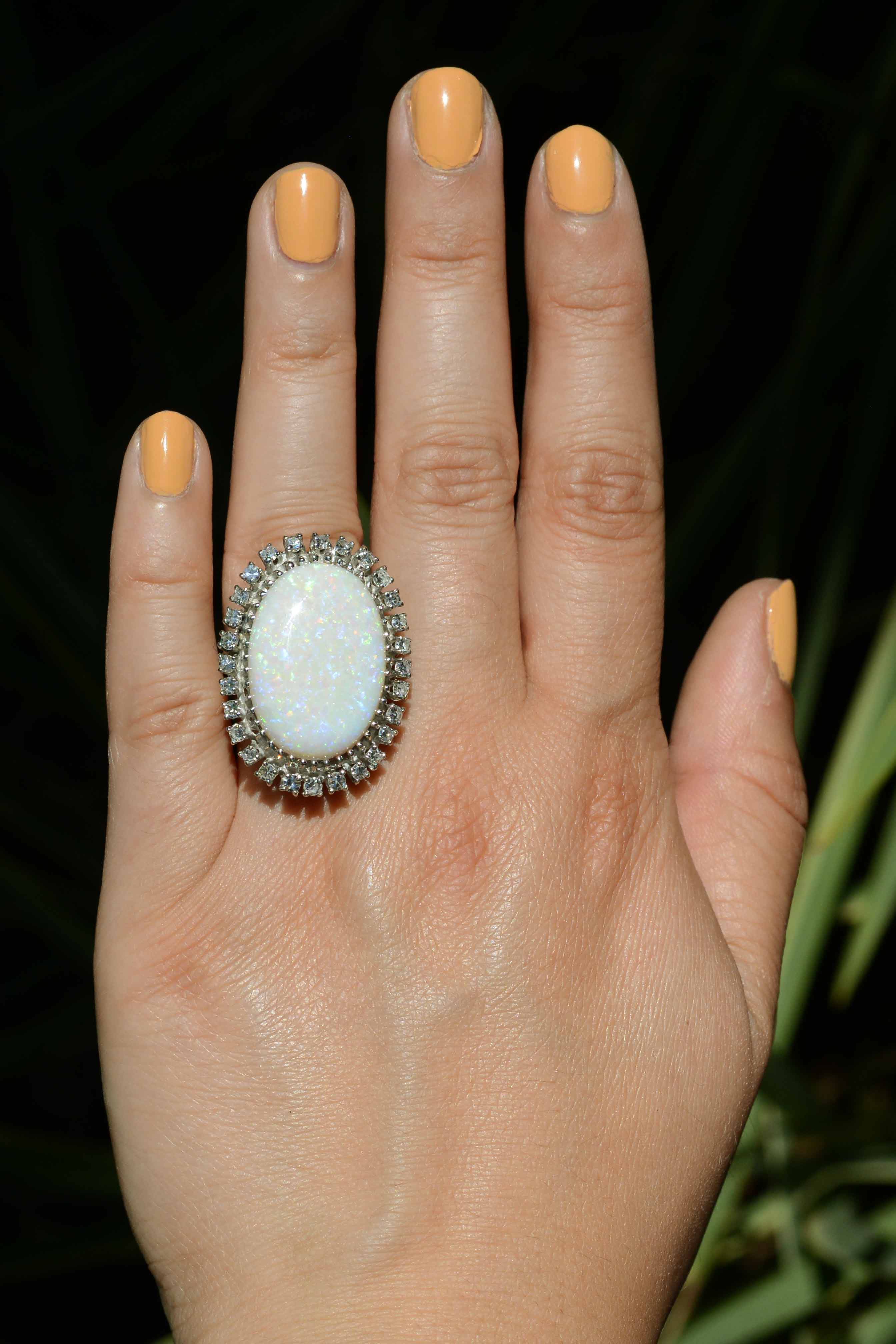 Huge Vintage Opal Diamond White Gold Cocktail Ring