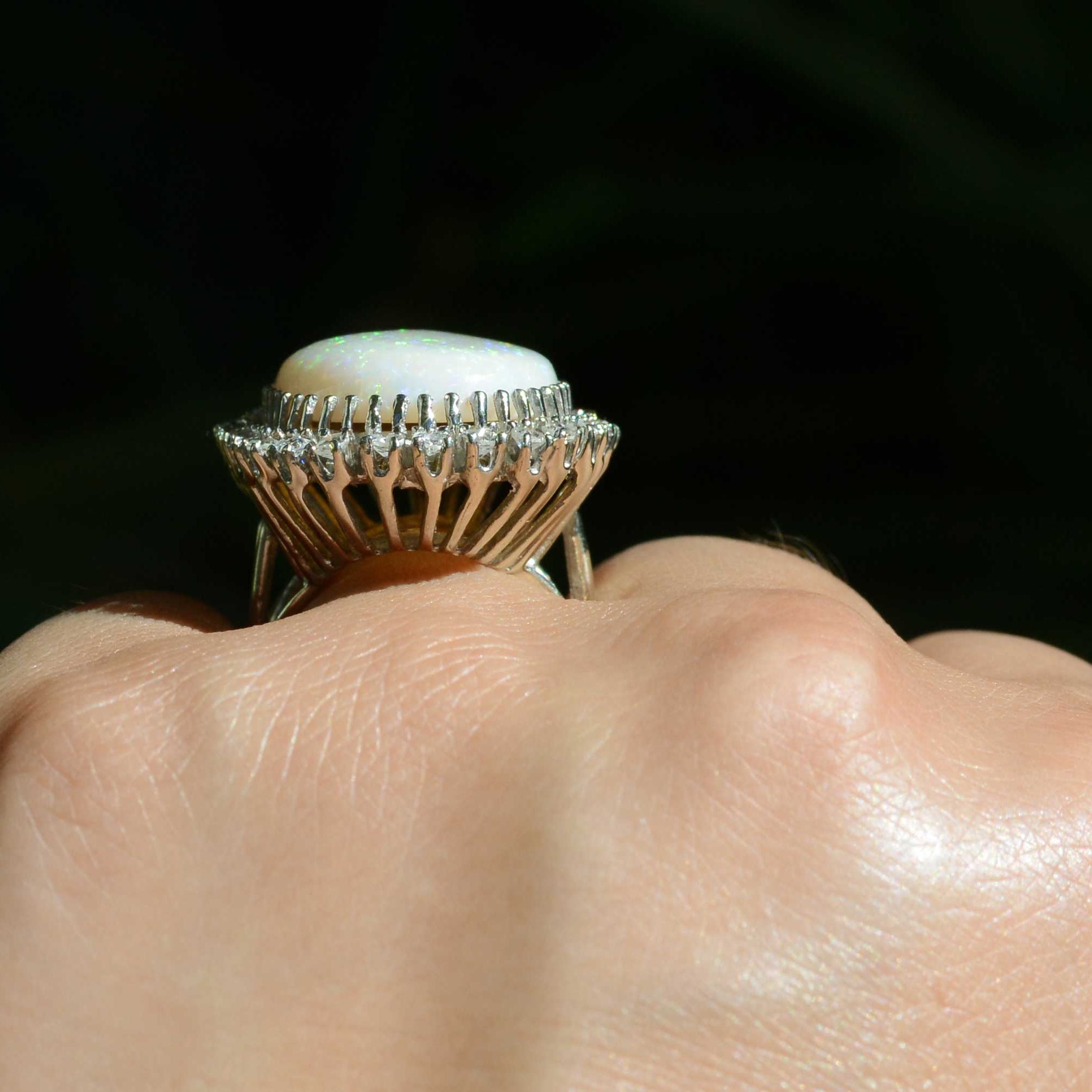 Huge Vintage Opal Diamond White Gold Cocktail Ring