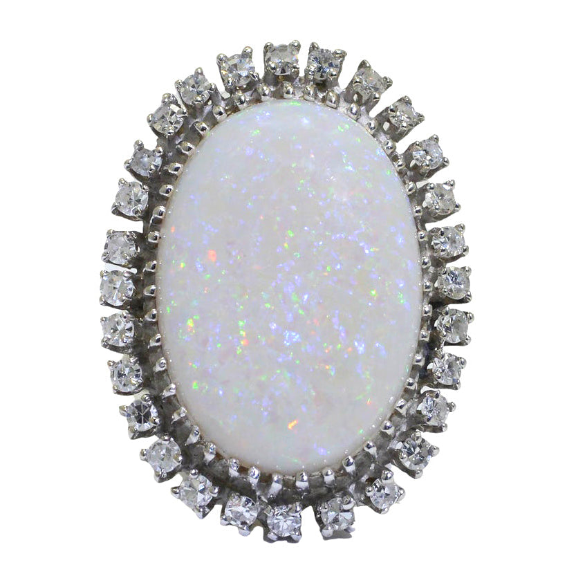 Huge Vintage Opal Diamond White Gold Cocktail Ring