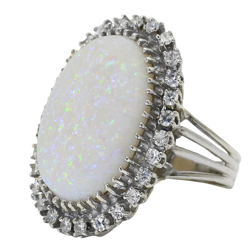 Huge Vintage Opal Diamond White Gold Cocktail Ring