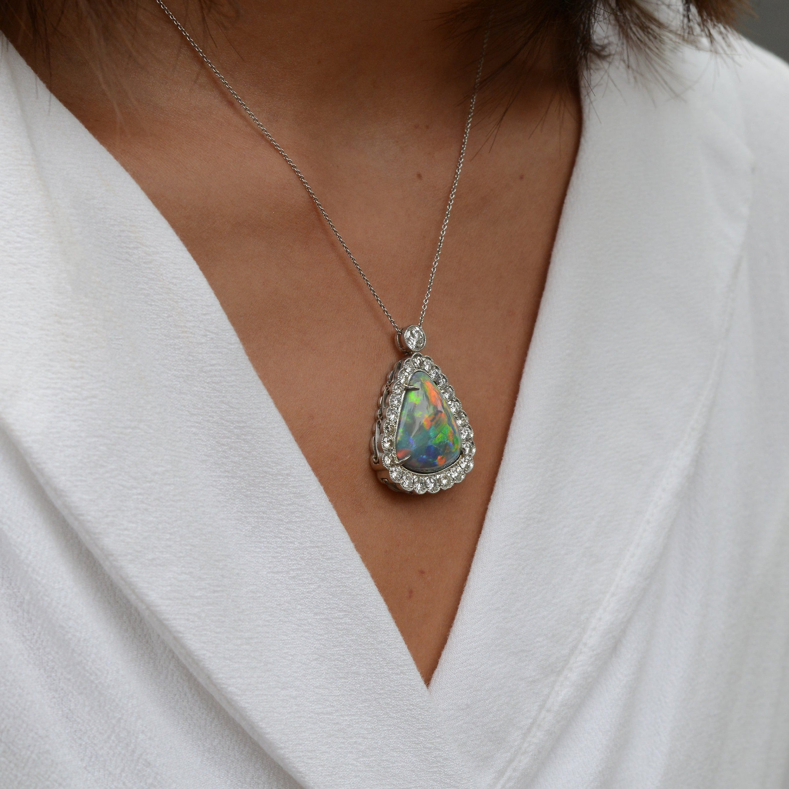 Important Lightning Ridge 15 Carat Black Opal Diamond Vintage Necklace