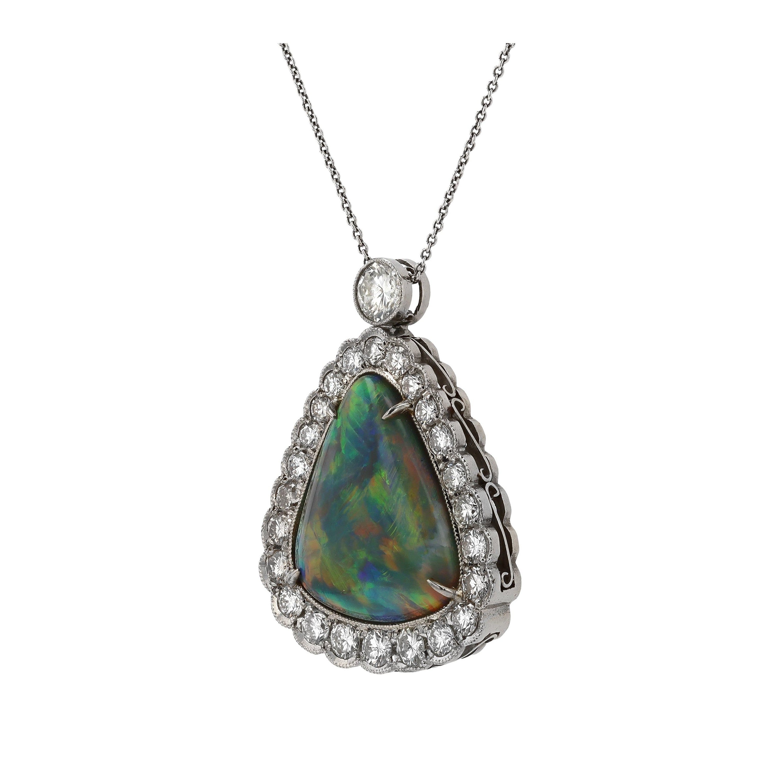 Important Lightning Ridge 15 Carat Black Opal Diamond Vintage Necklace