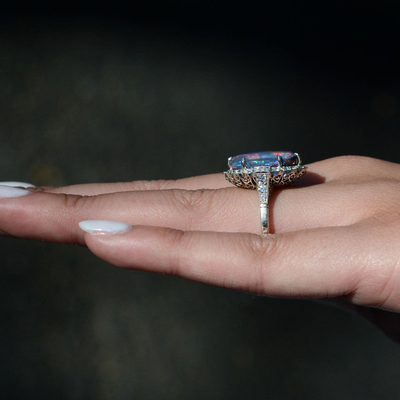 Impressive Art Deco Brushstroke Black Opal Cocktail Ring
