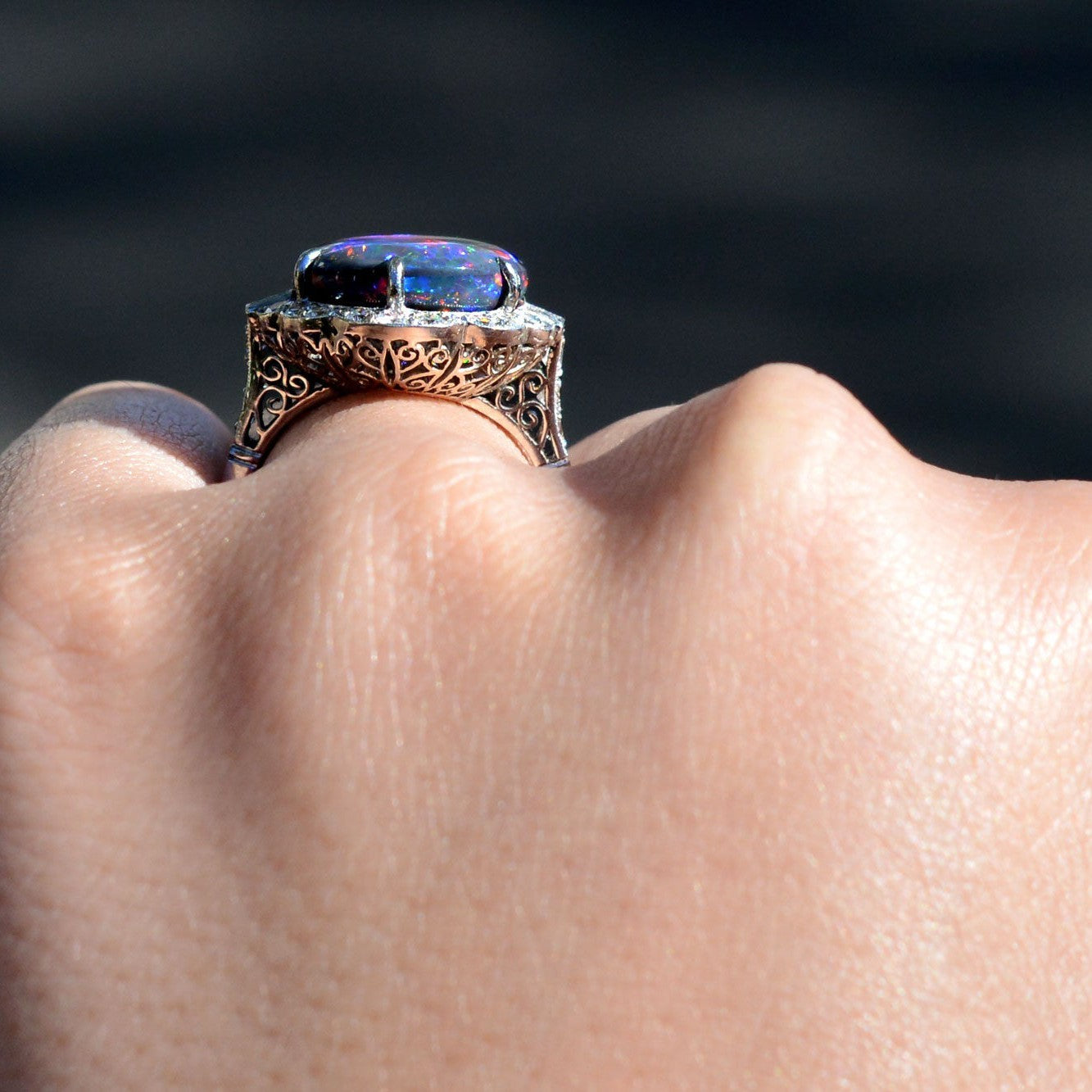 Impressive Art Deco Brushstroke Black Opal Cocktail Ring