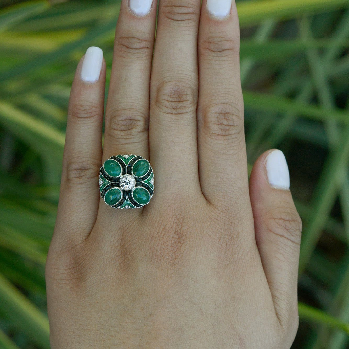 Jazz Age Quatrefoil Emerald Diamond Cocktail Ring