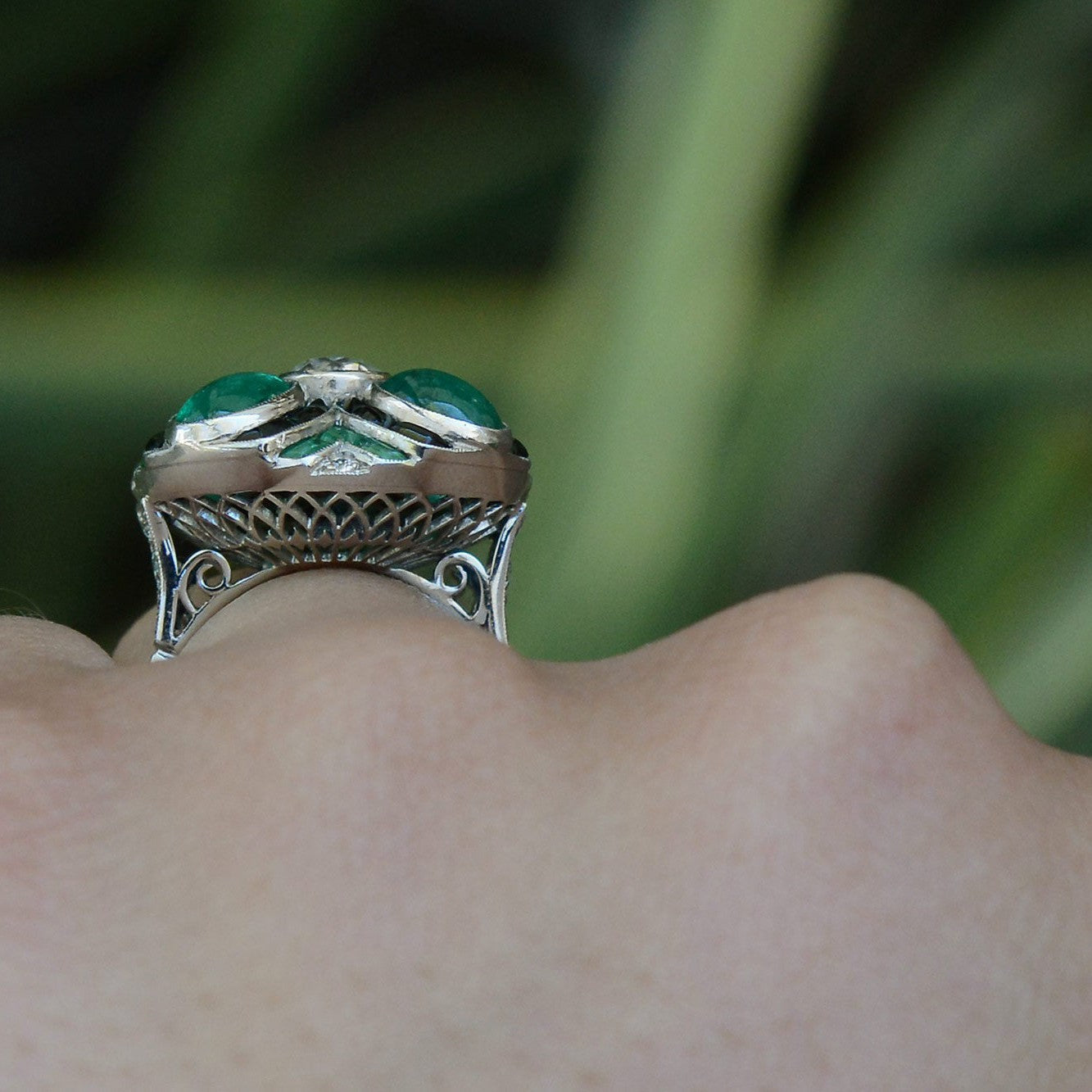 Jazz Age Quatrefoil Emerald Diamond Cocktail Ring