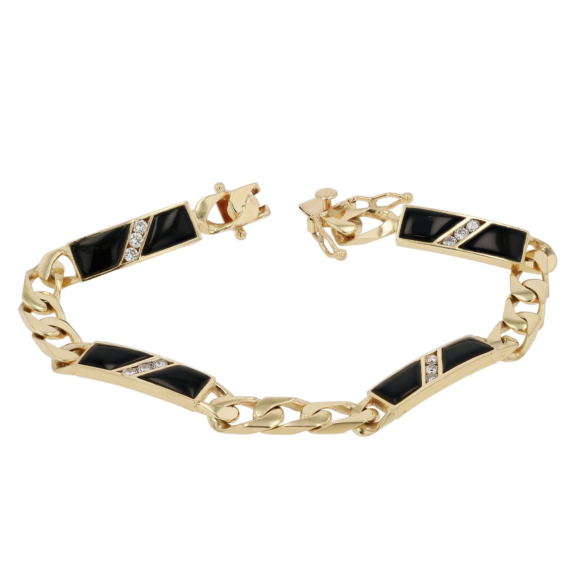 Ladies 1980s 14k Italian Gold Onyx & Diamond Cuban Link Bracelet