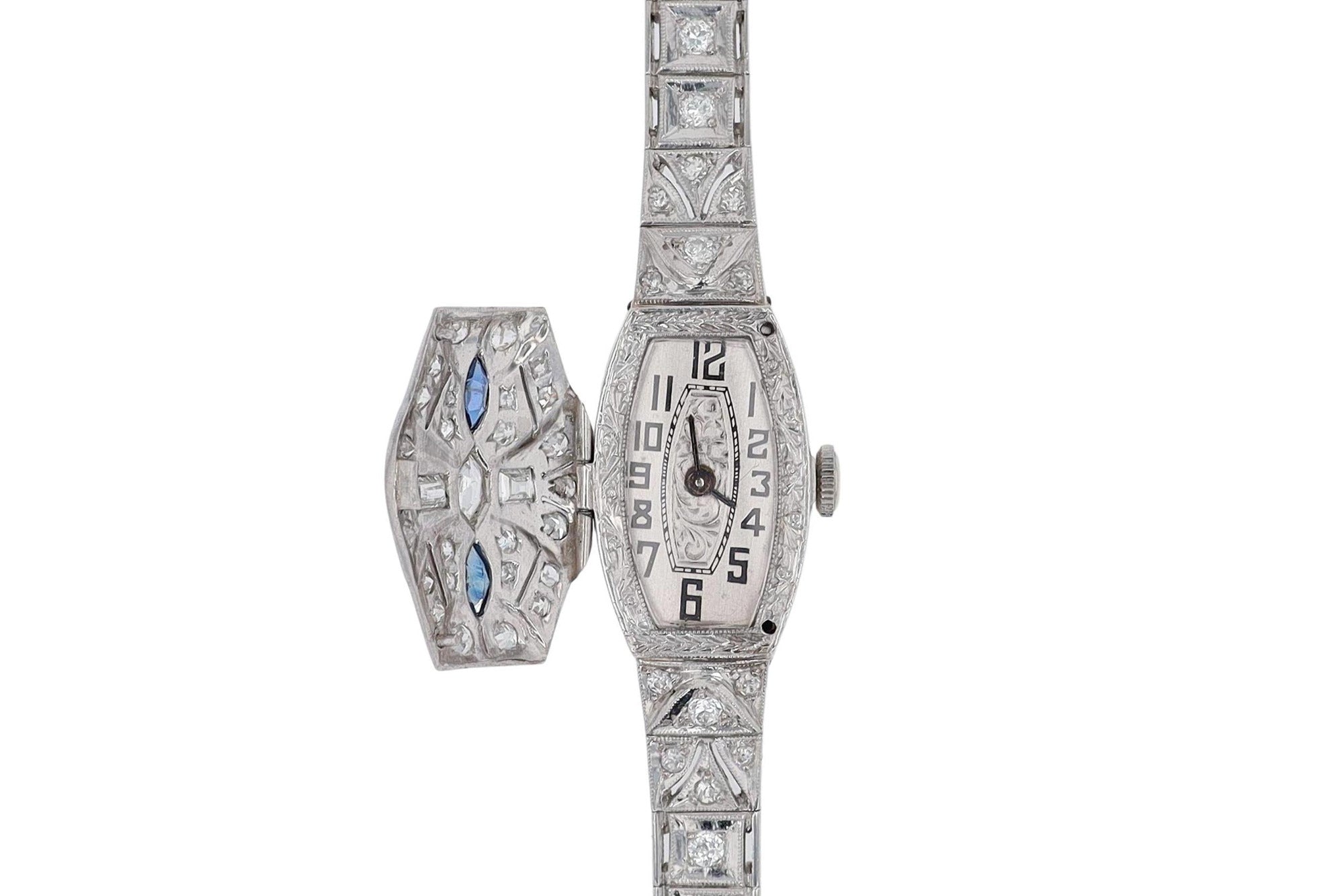 Ladies Art Deco Cocktail Diamond Sapphire Platinum Secret Watch
