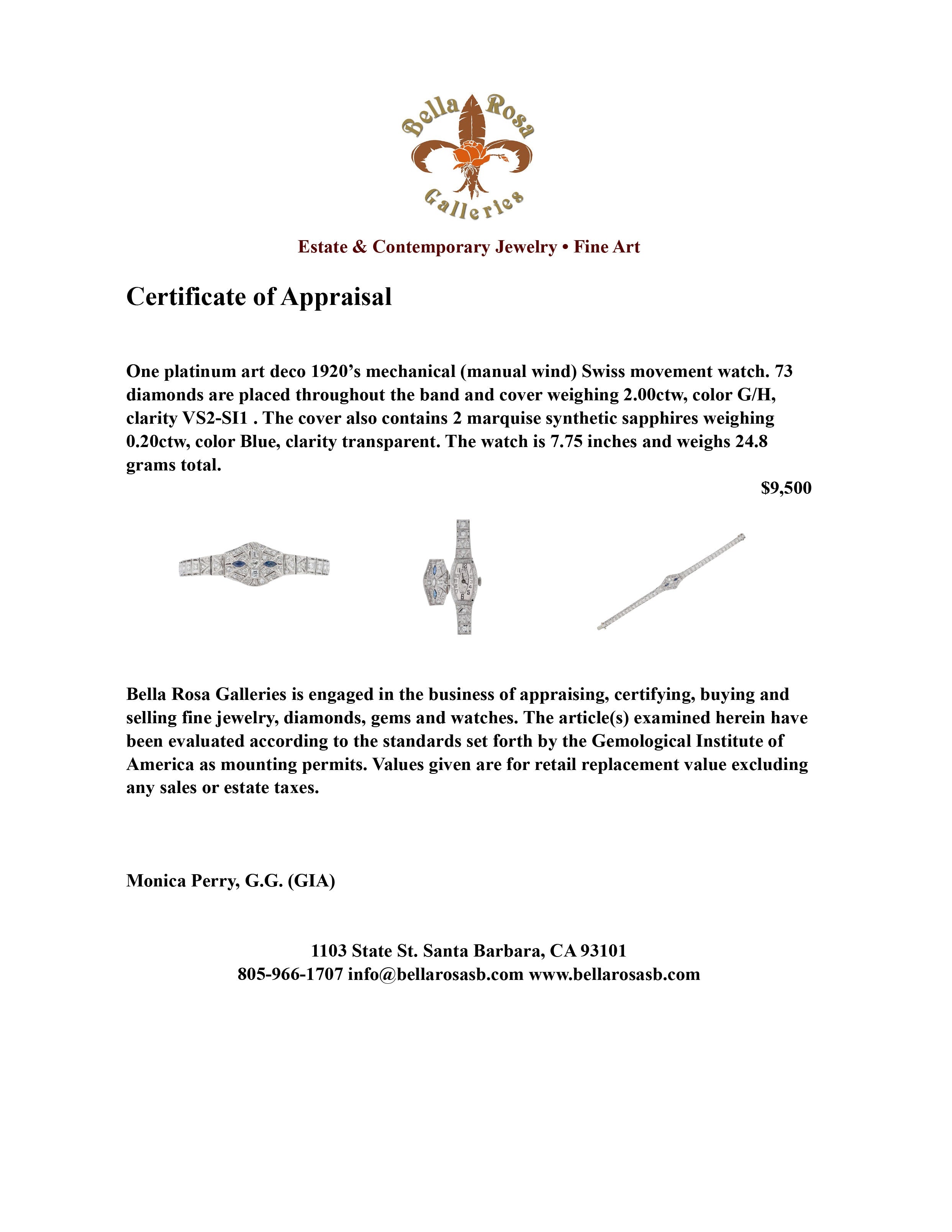 Ladies Art Deco Cocktail Diamond Sapphire Platinum Secret Watch