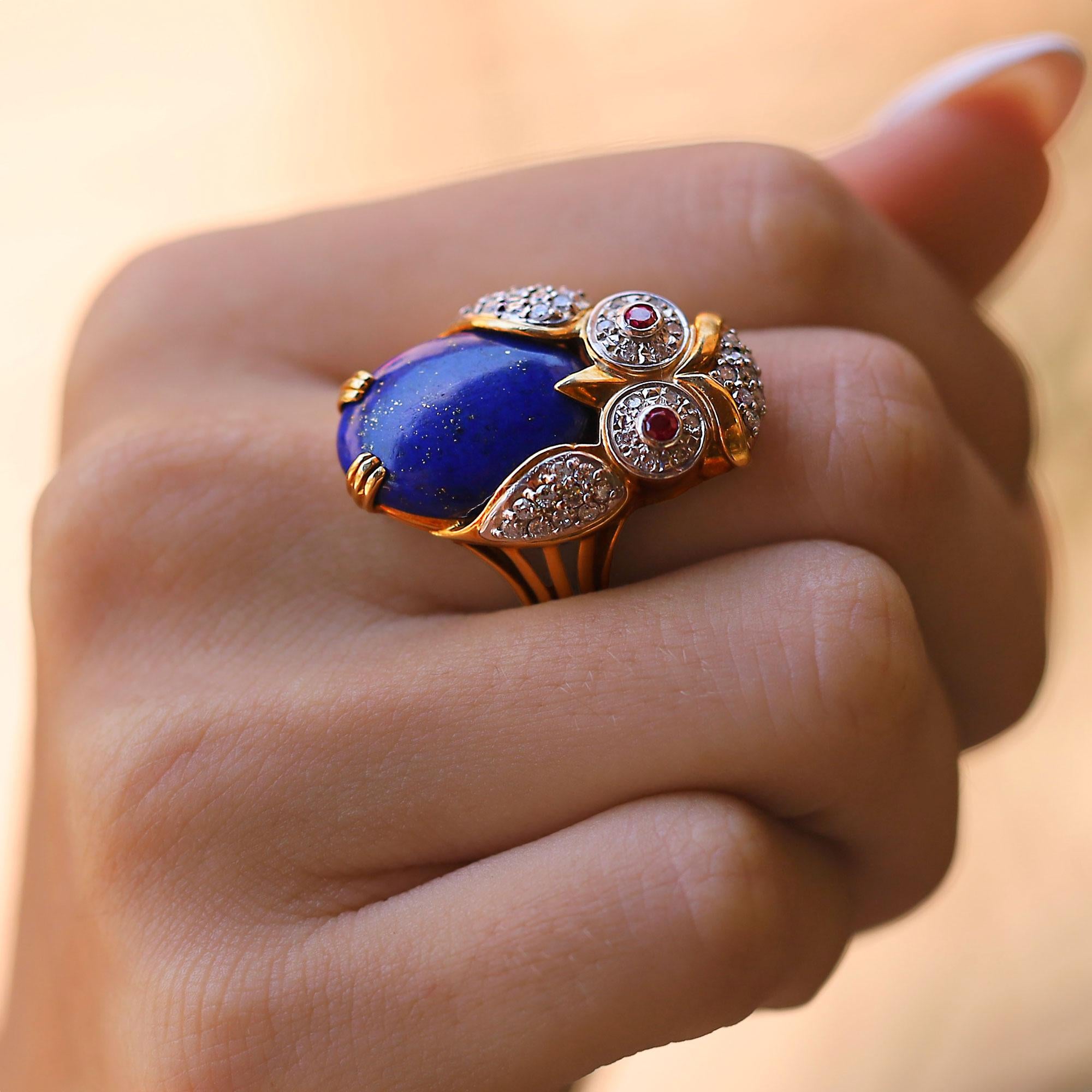 Curious 18k Gold Vintage Owl Ring Lapis Lazuli Diamond & Ruby
