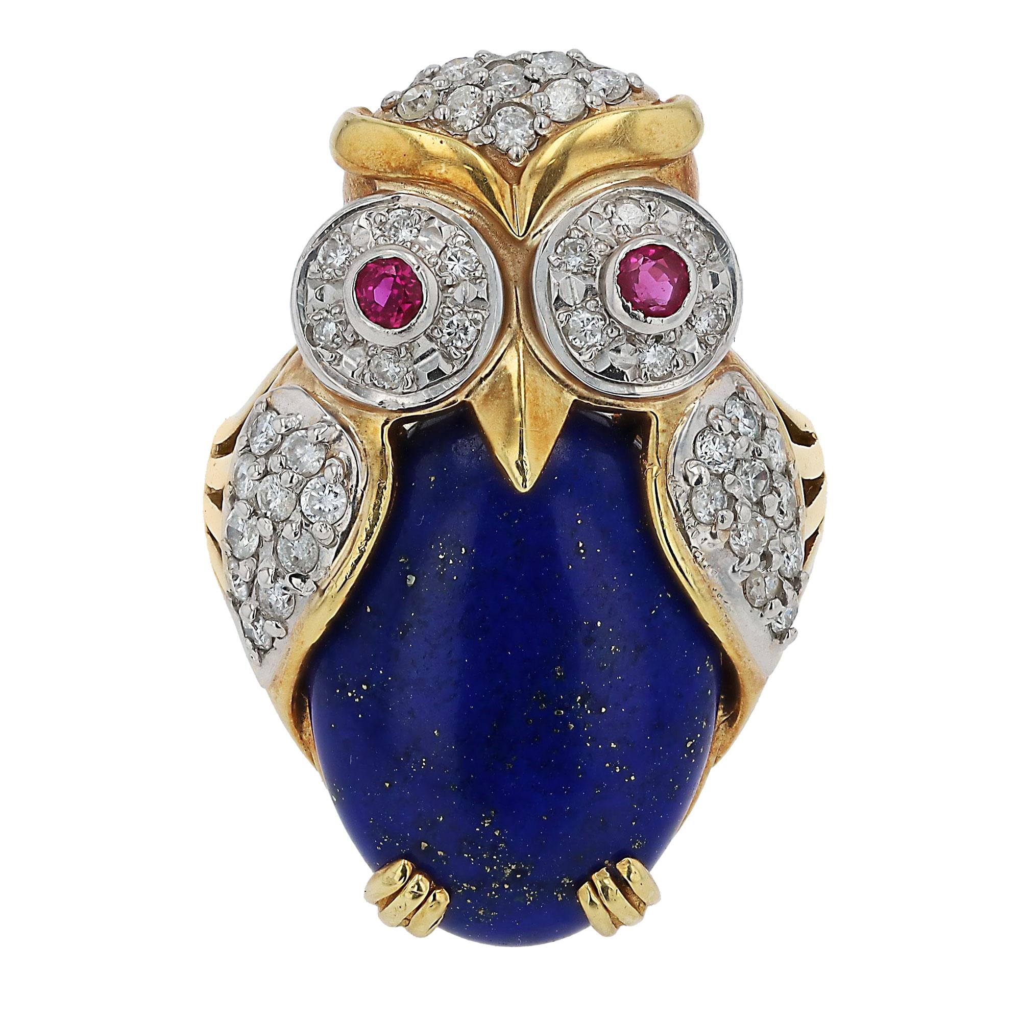 Curious 18k Gold Vintage Owl Ring Lapis Lazuli Diamond & Ruby