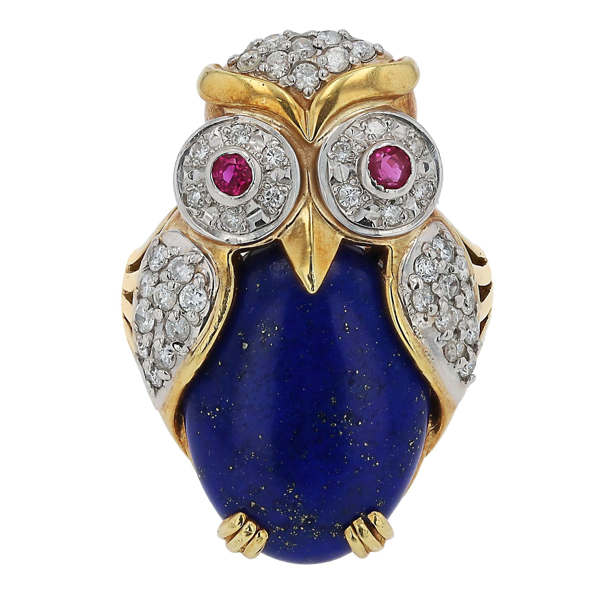 Curious 18k Gold Vintage Owl Ring Lapis Lazuli Diamond & Ruby