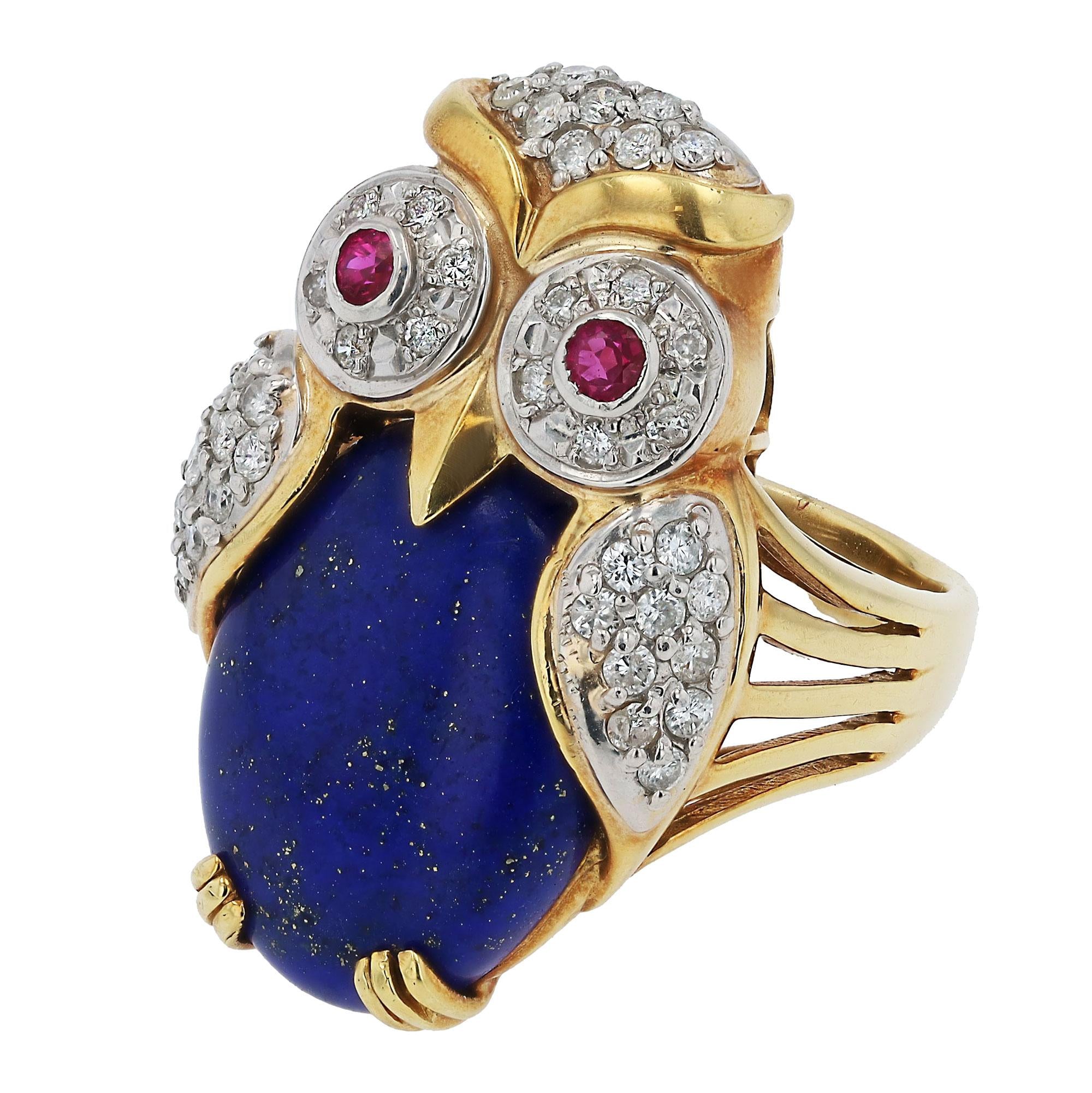 Curious 18k Gold Vintage Owl Ring Lapis Lazuli Diamond & Ruby