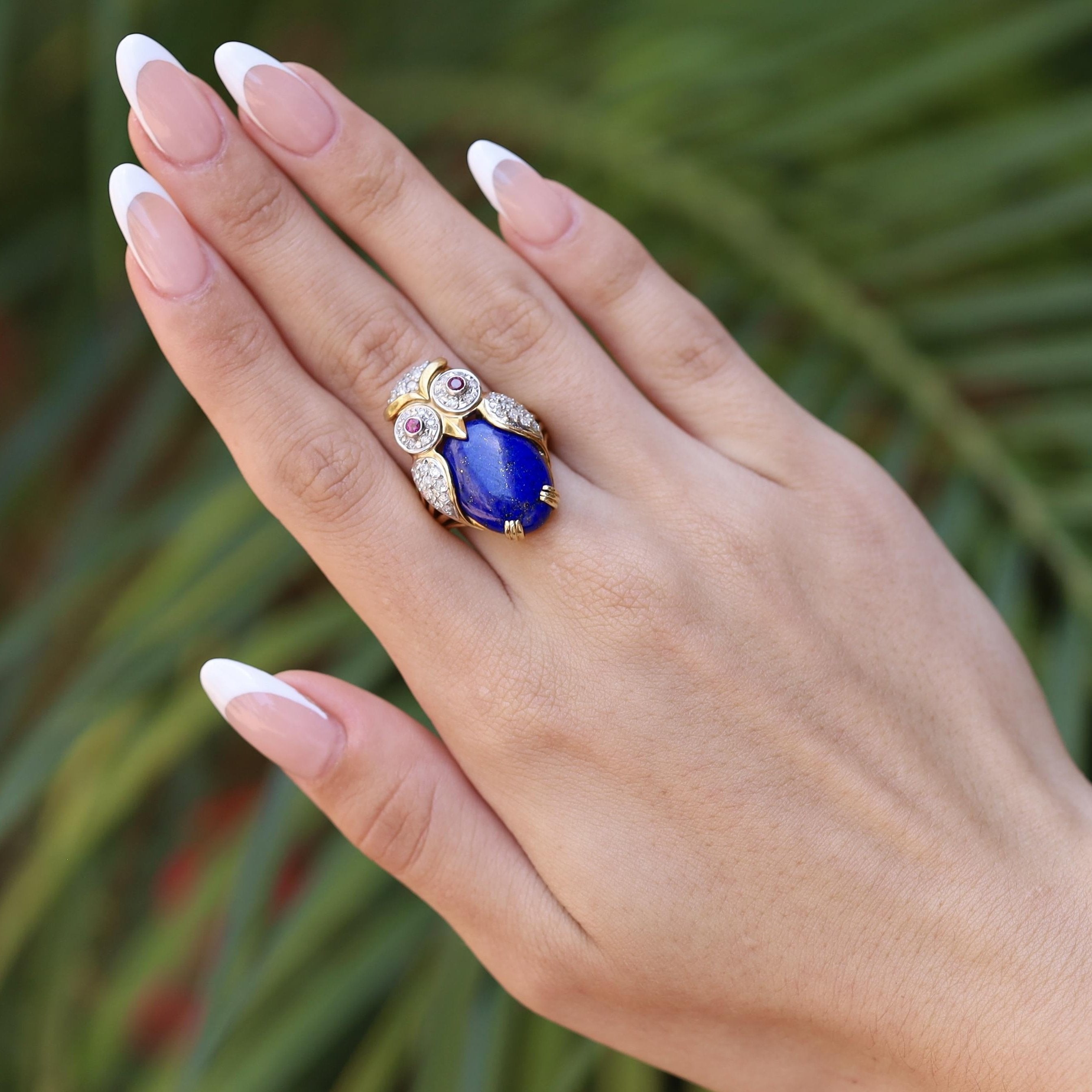 Curious 18k Gold Vintage Owl Ring Lapis Lazuli Diamond & Ruby