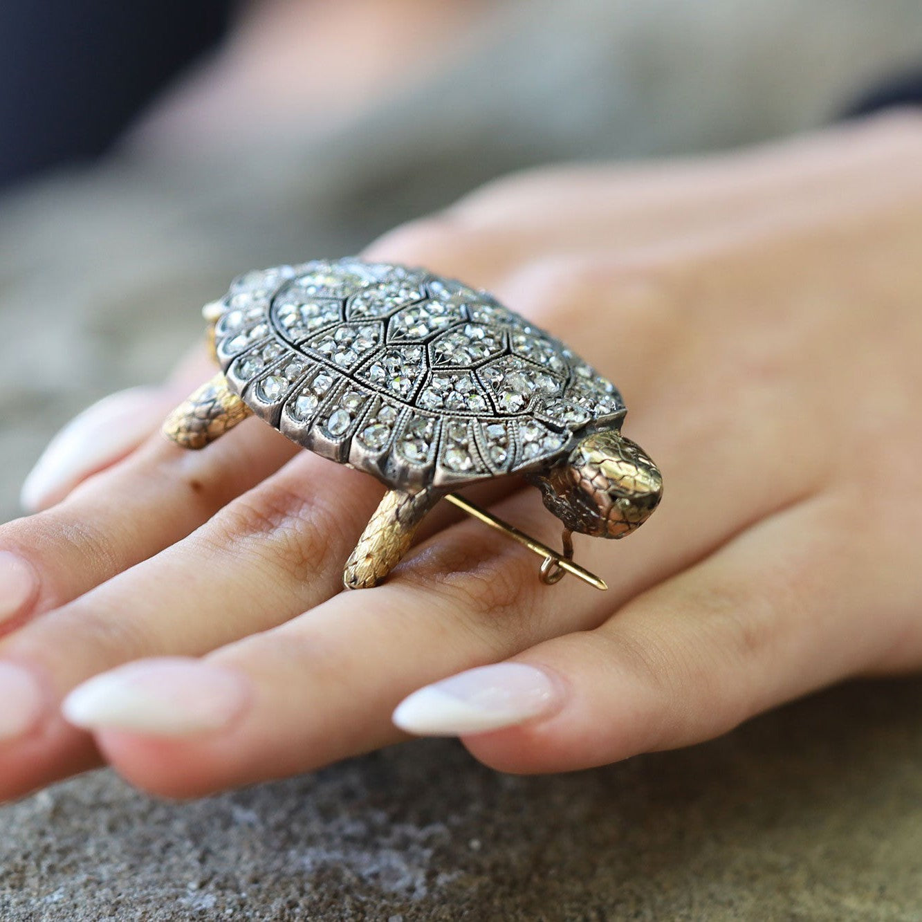 2.50CTW Rose Cut Diamond Silver & 14k Yellow Gold Turtle Brooch Pin