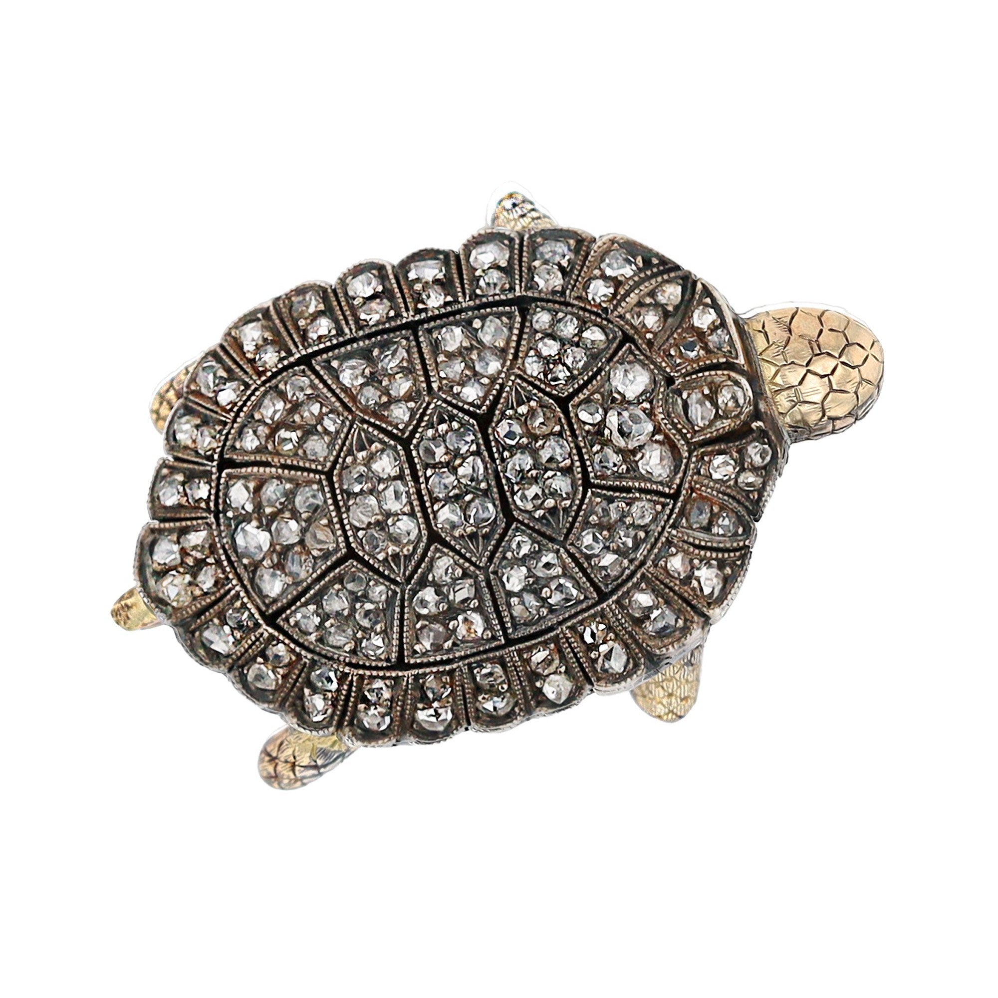 2.50CTW Rose Cut Diamond Silver & 14k Yellow Gold Turtle Brooch Pin