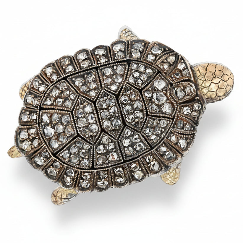 2.50CTW Rose Cut Diamond Silver & 14k Yellow Gold Turtle Brooch Pin