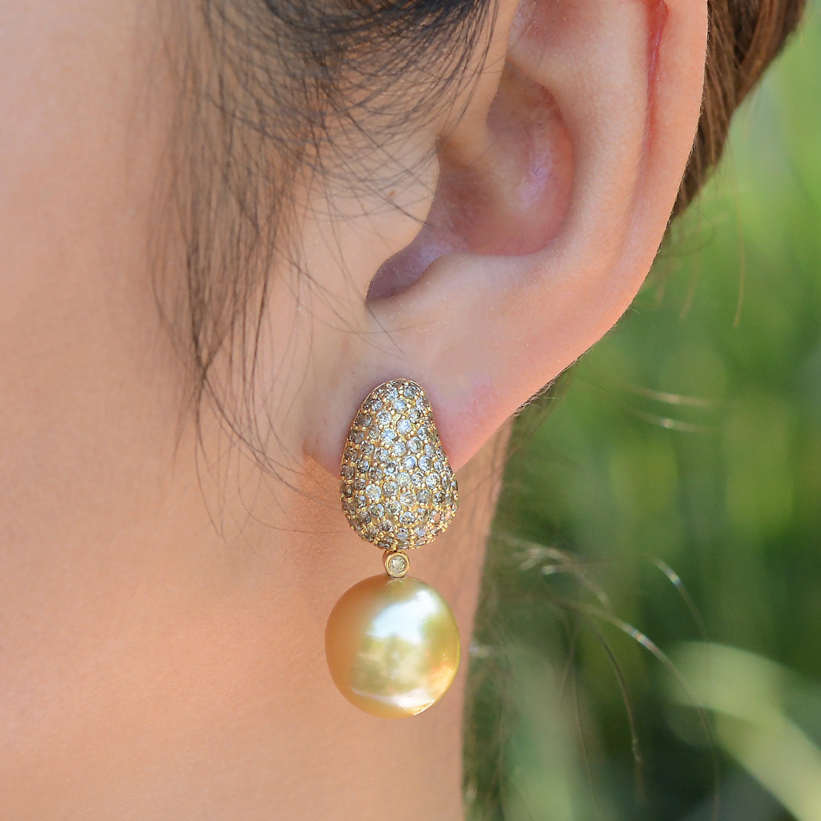 Large Golden South Sea Pearl Diamond Dangle Earrings