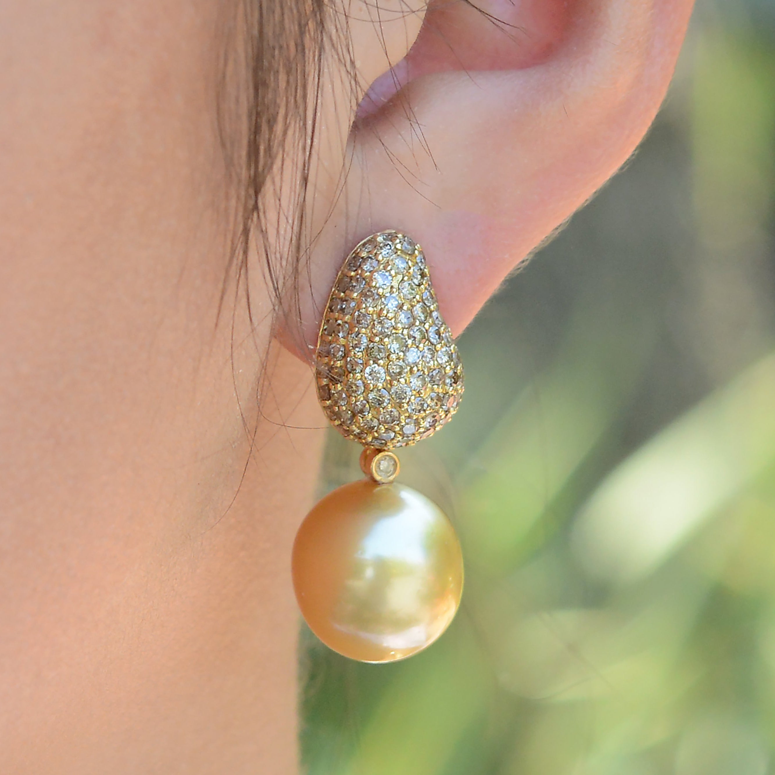 Large Golden South Sea Pearl Diamond Dangle Earrings