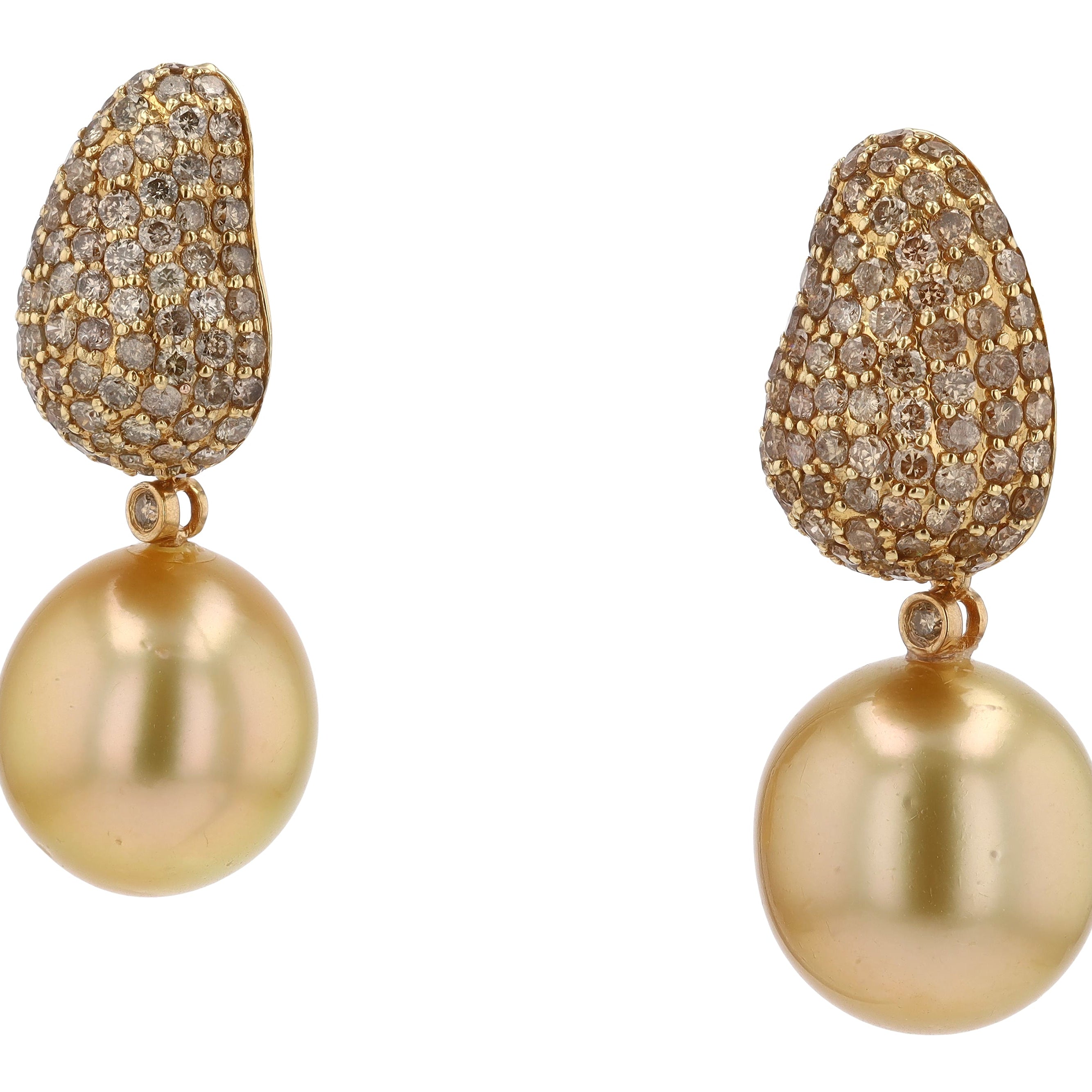 Large Golden South Sea Pearl Diamond Dangle Earrings
