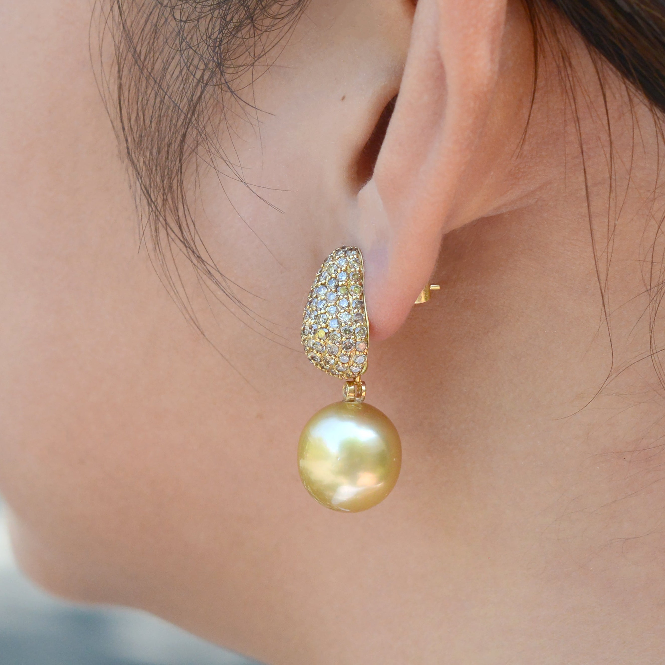 Large Golden South Sea Pearl Diamond Dangle Earrings