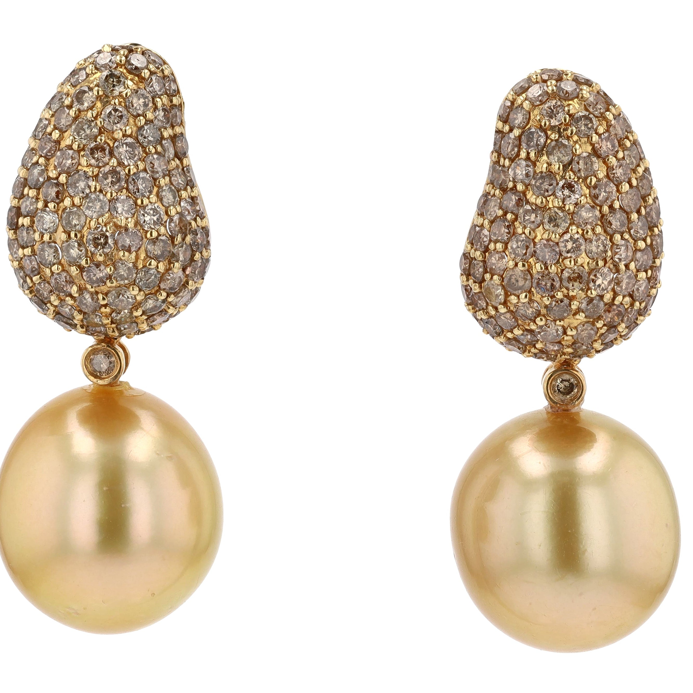 Large Golden South Sea Pearl Diamond Dangle Earrings