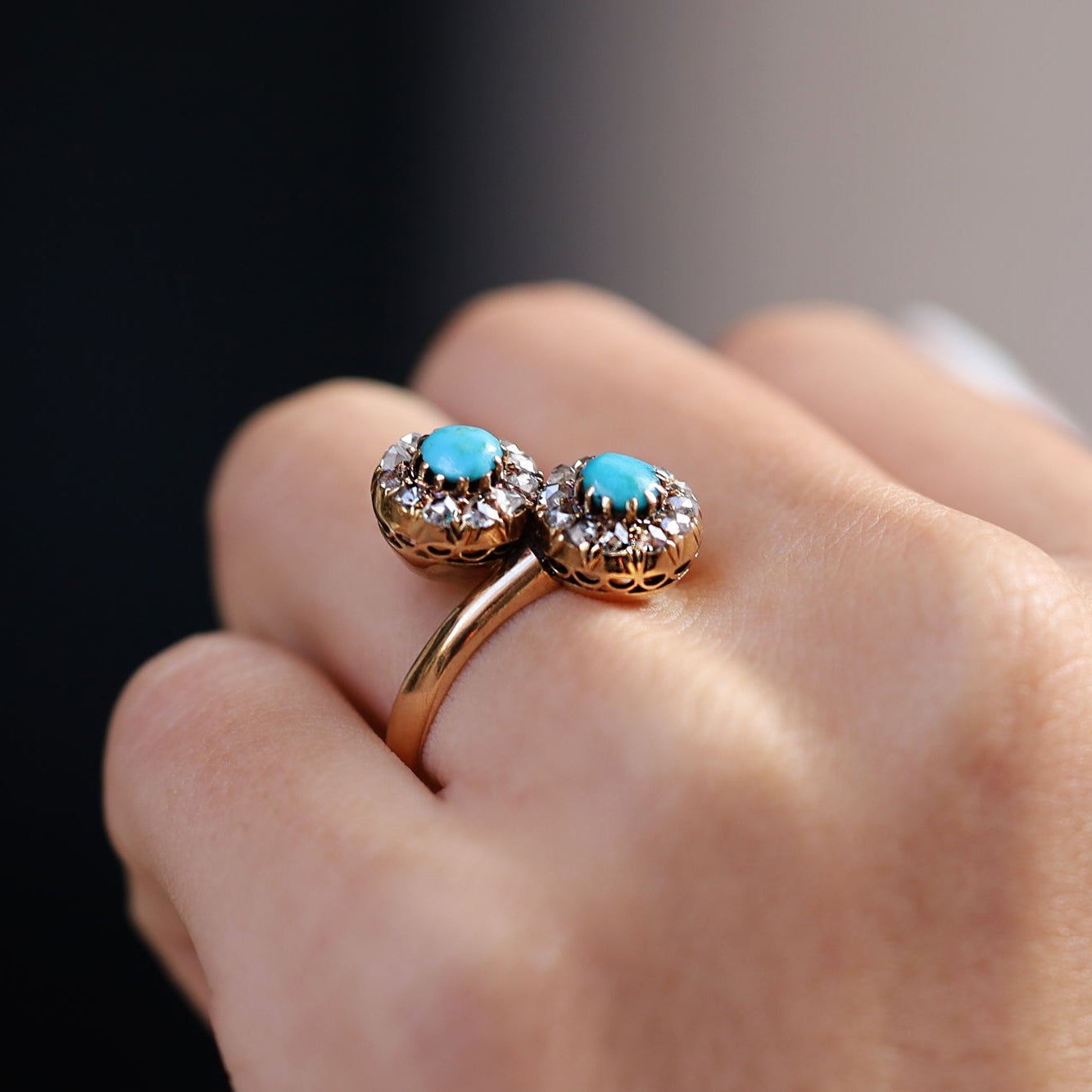 Late Georgian Turquoise and Rose Cut Diamond Toi Et Moi Engagement Ring