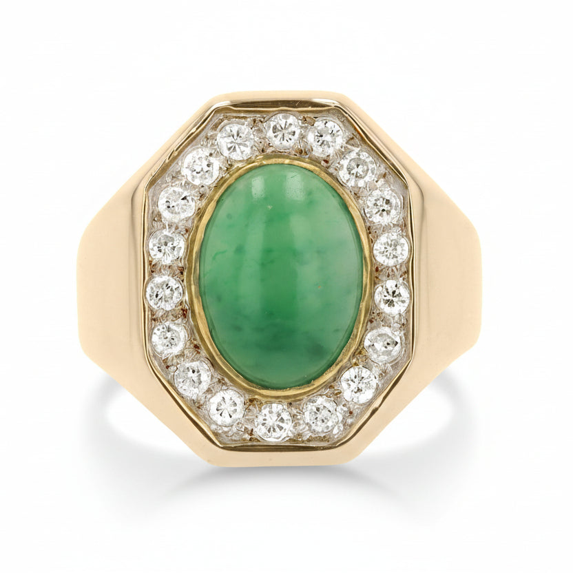 Men's Women's Mid Century Jade & Diamond 14k Yellow Gold Ring