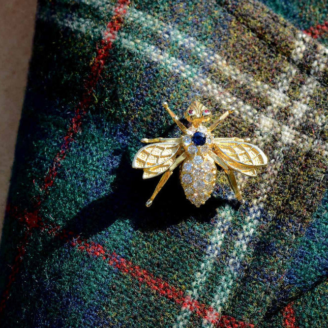 Mid-Century Diamond & Sapphire Bee Brooch Pendant